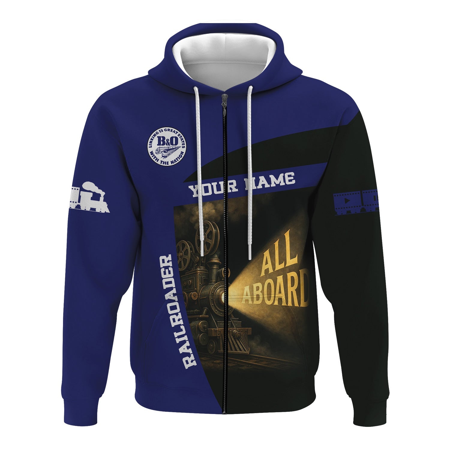 Railspirit Personalized B&O Great States Railroad Hoodie All Aboard Steam Train Movie Projector Style Zip Up Hoodie