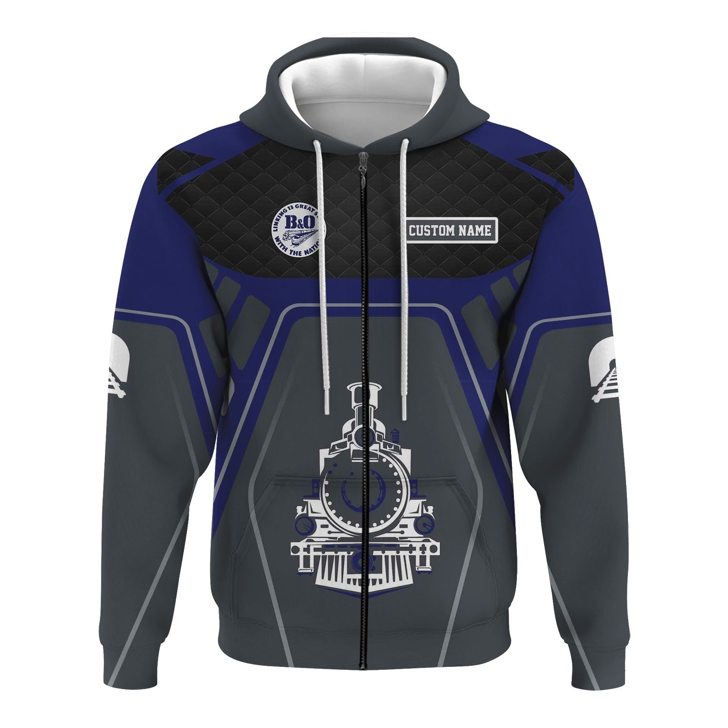 Railspirit Personalized B&O Great States Railroad Hoodie Steam Locomotive Engine Graphic Train Zip Up Hoodie All Over Print