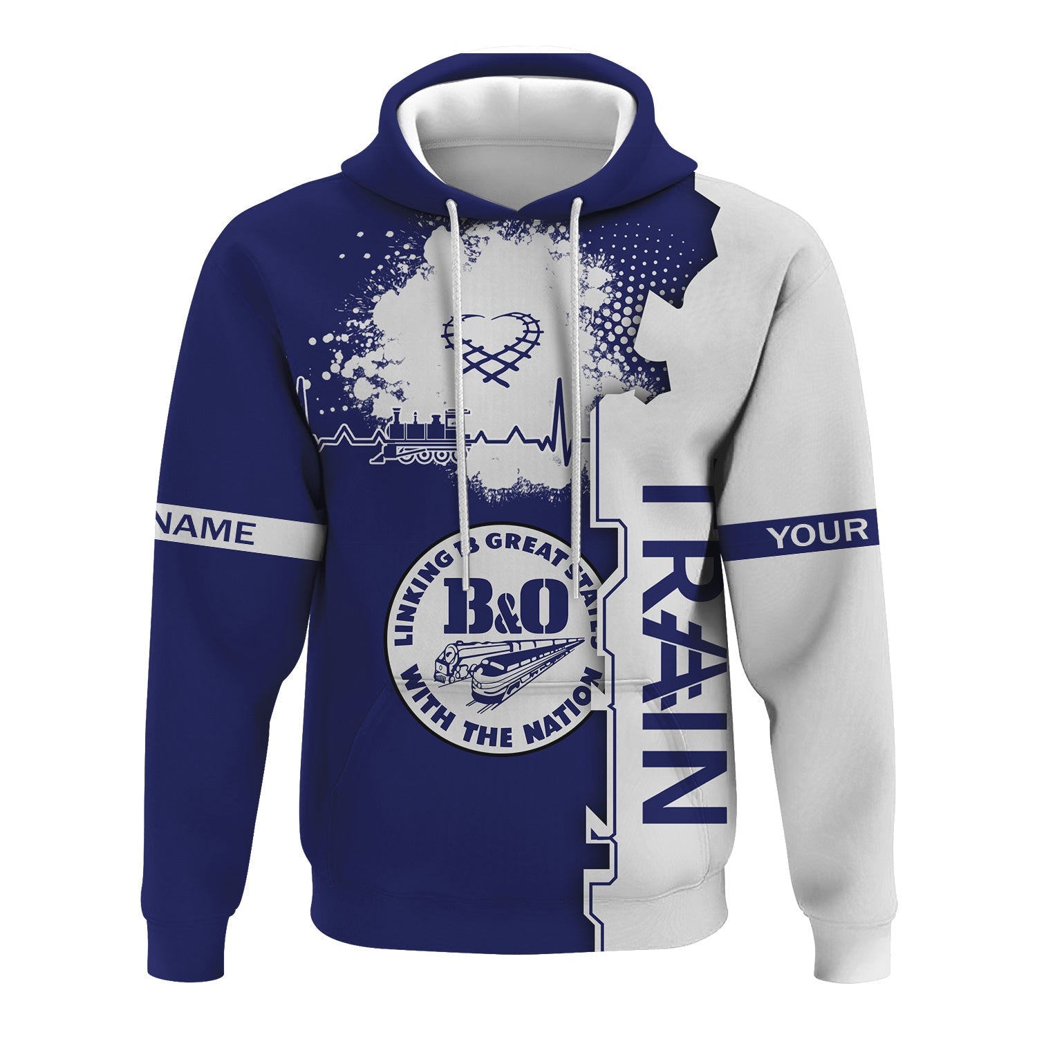 Railspirit Personalized B&O Great States Railroad Hoodie Engine Heartbeat and Track Love Style Zip Up Hoodie Gift Idea For Train Lovers