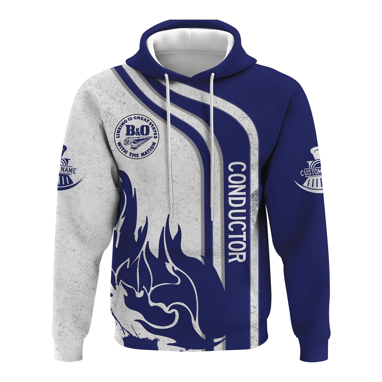 Railspirit Personalized B&O Great States Railroad Hoodie Flame Design with Custom Job Position Train Zip Up Hoodie