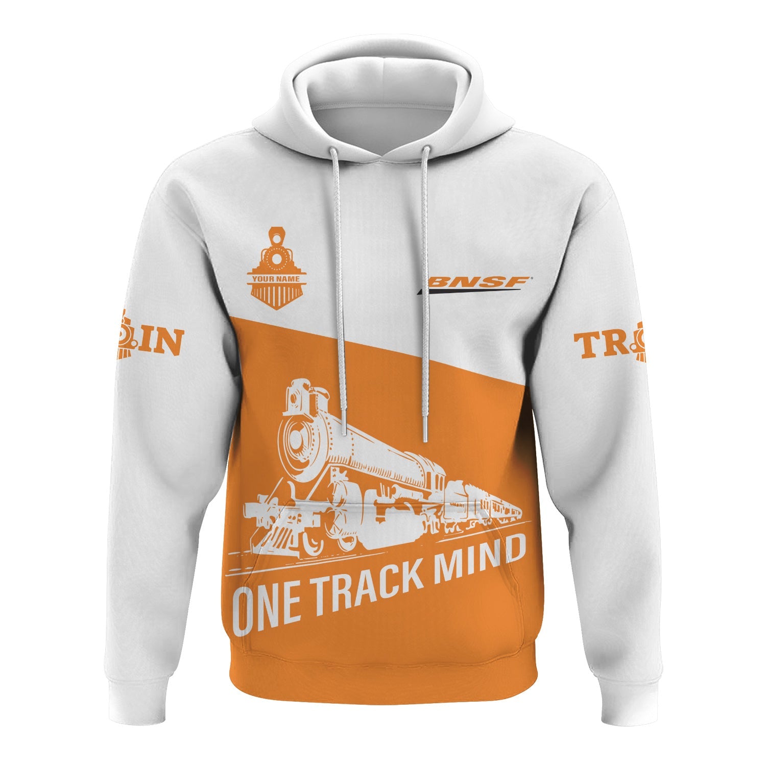 Railspirit Custom Name BNSF Railway Hoodie One Track Mind Printed Zip Hoodie