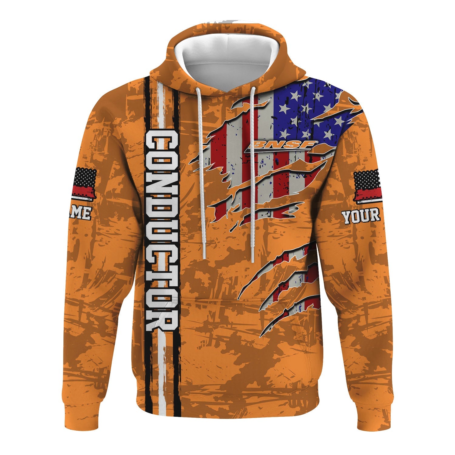Railspirit Personalized BNSF Railway Hoodie USA Flag Claw Art with Custom Job Train Zip Up Hoodie