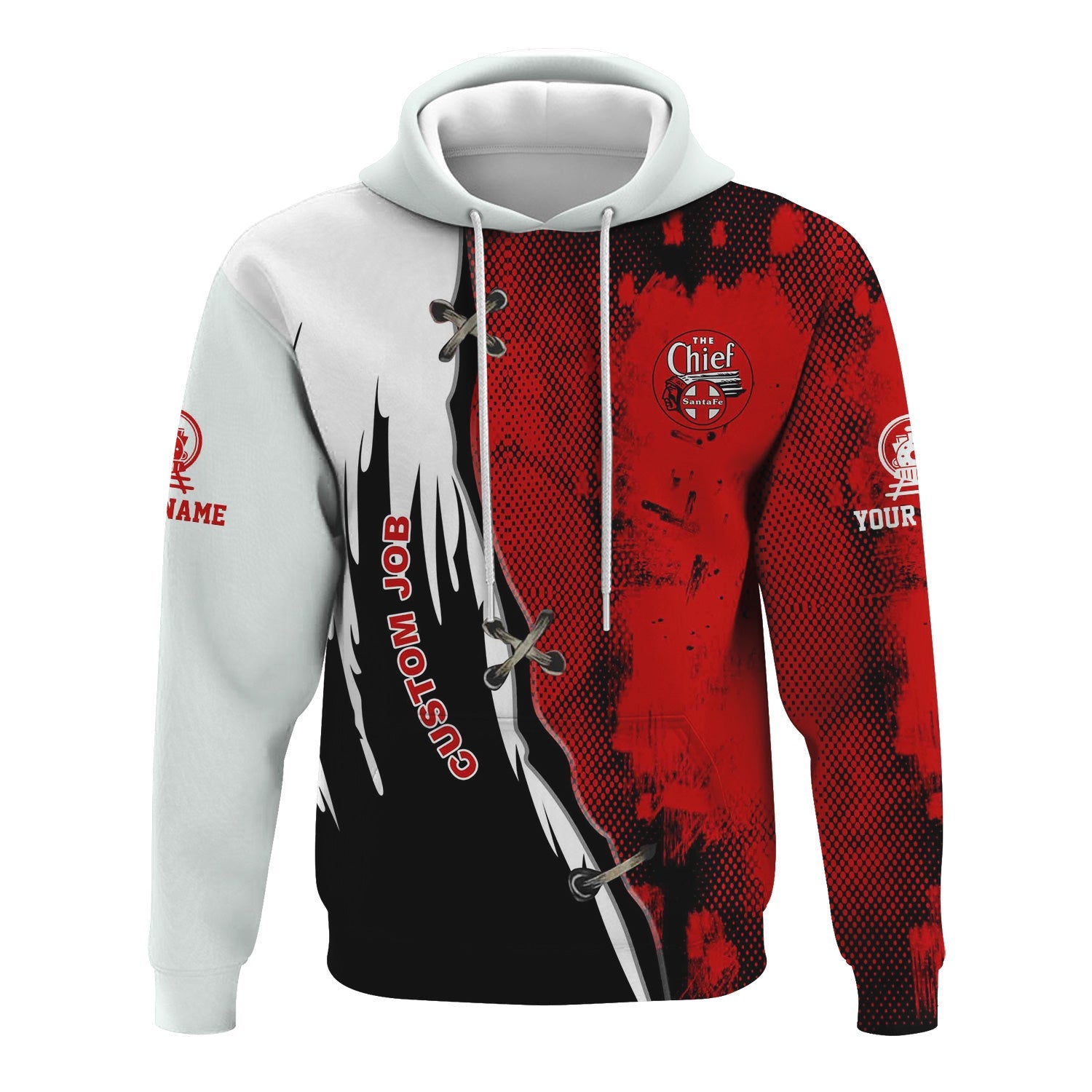 Railspirit Personalized The Chief Santa Fe Railroad Hoodie Retro Stitches Design with Custom Position Train Zip Up Hoodie