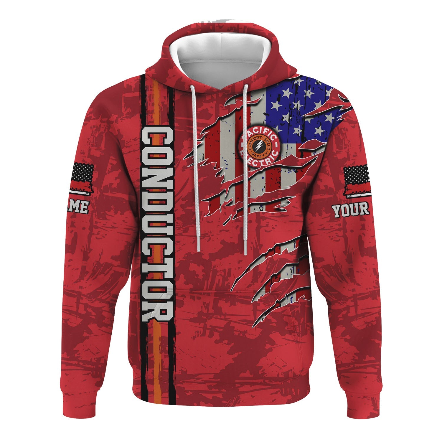 Railspirit Personalized Pacific Electric Railroad Hoodie USA Flag Claw Art with Custom Job Train Zip Up Hoodie