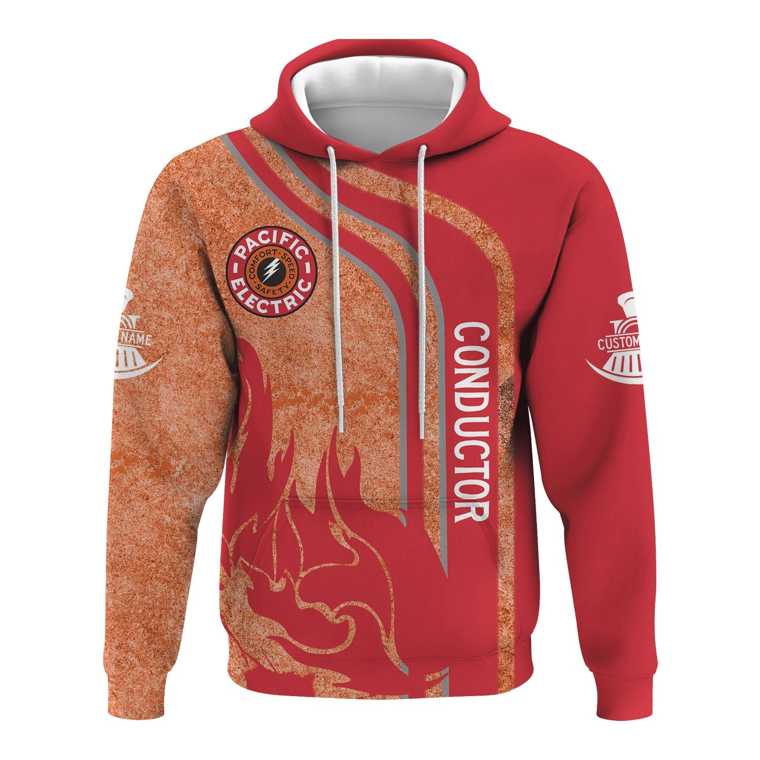 Railspirit Personalized Pacific Electric Railroad Hoodie Flame Design with Custom Job Position Train Zip Up Hoodie