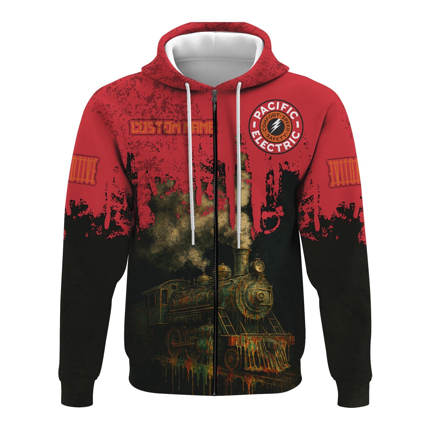 Railspirit Personalized Pacific Electric Railroad Hoodie Vintage Train Art Style Zip Up Hoodie For Locomotive Fans