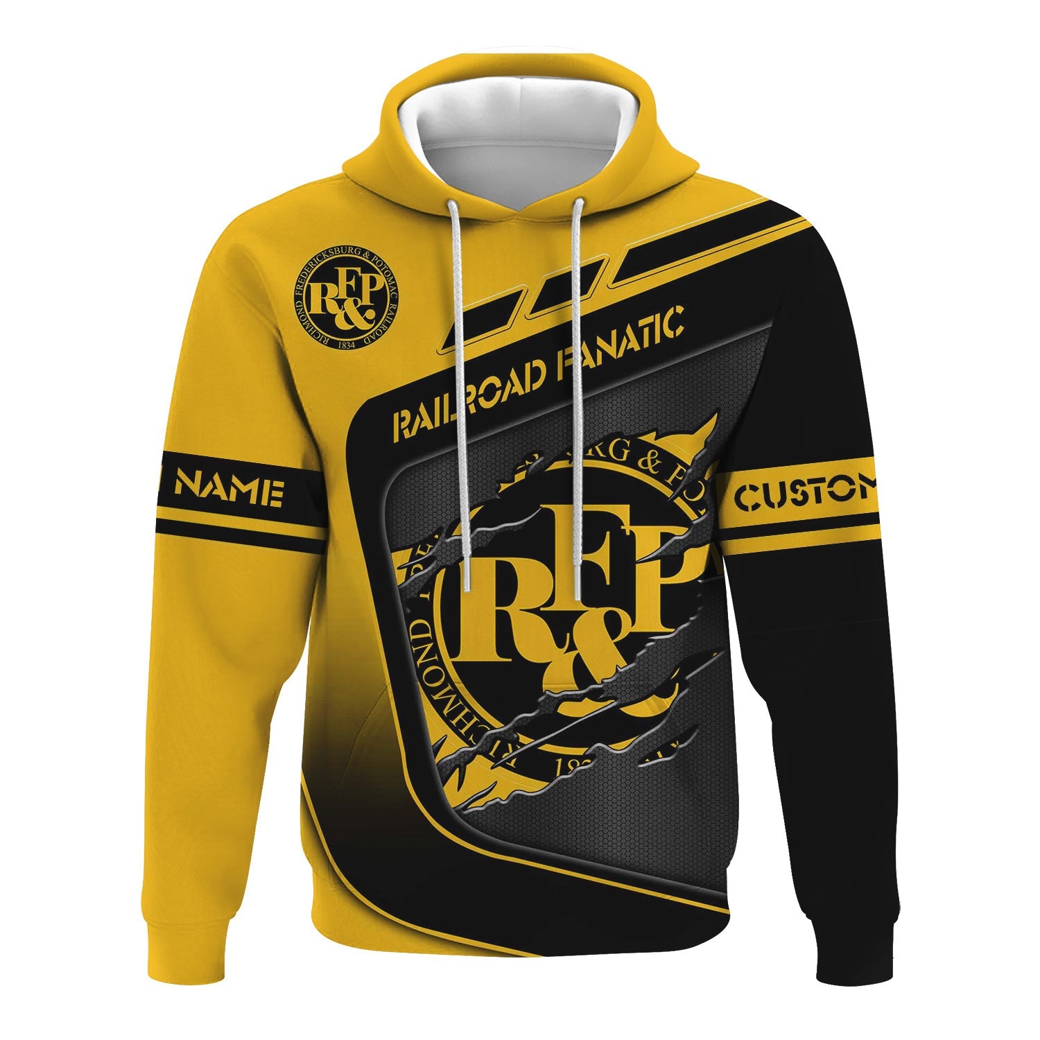 Railspirit Personalized Richmond, Fredericksburg And Potomac Railroad Hoodie Ripped Texture Style Train Zip Up Hoodie For Railroad Fanatic