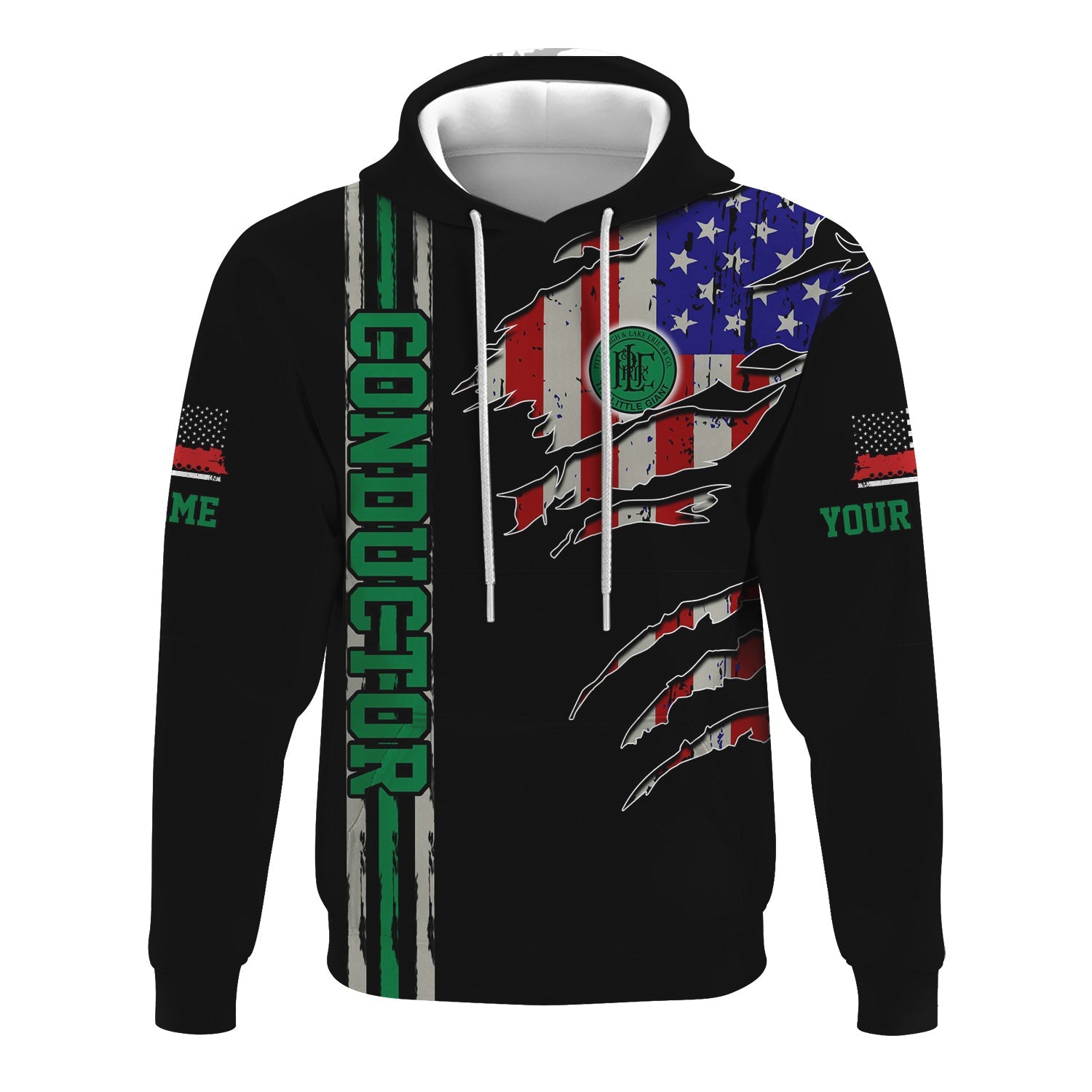 Railspirit Personalized Pittsburgh And Lake Erie Railroad Hoodie USA Flag Claw Art with Custom Job Train Zip Up Hoodie
