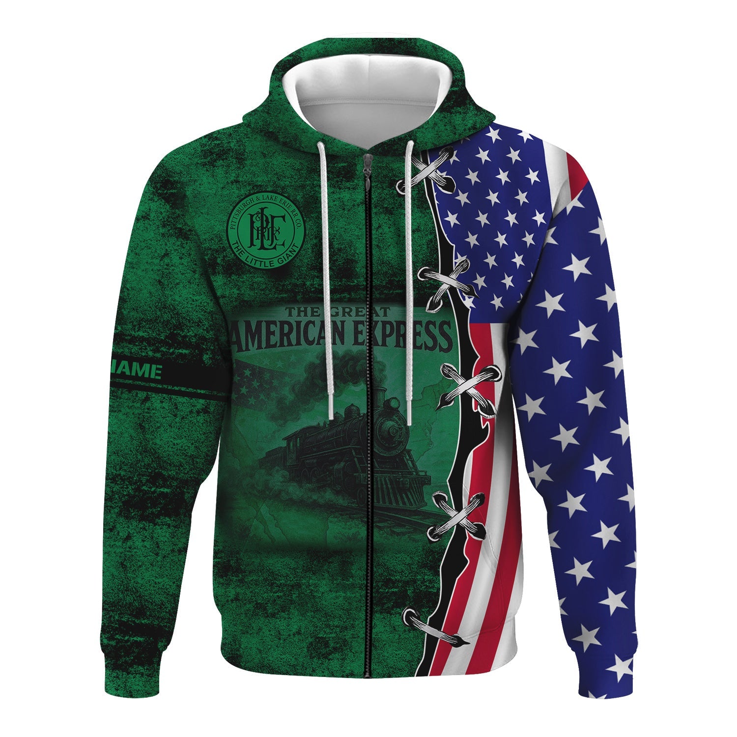 Railspirit Personalized Pittsburgh And Lake Erie Railroad Hoodie Retro American Express Train With USA Flag Zip Up Hoodie