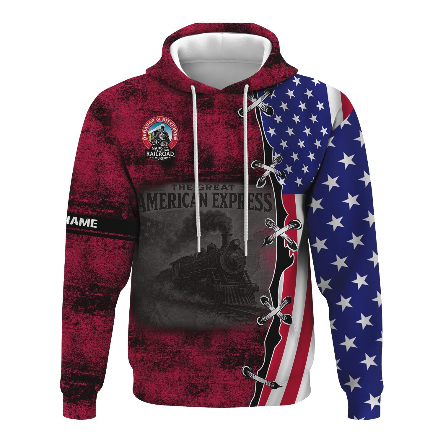 Railspirit Personalized Durango And Silverton Narrow Gauge Railroad Hoodie Retro American Express Train With USA Flag Zip Up Hoodie