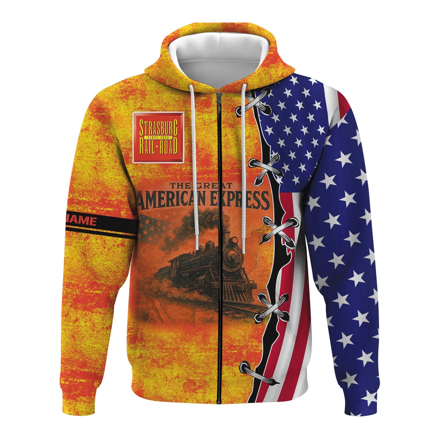 Railspirit Personalized Strasburg Railroad Hoodie Retro American Express Train With USA Flag Zip Up Hoodie