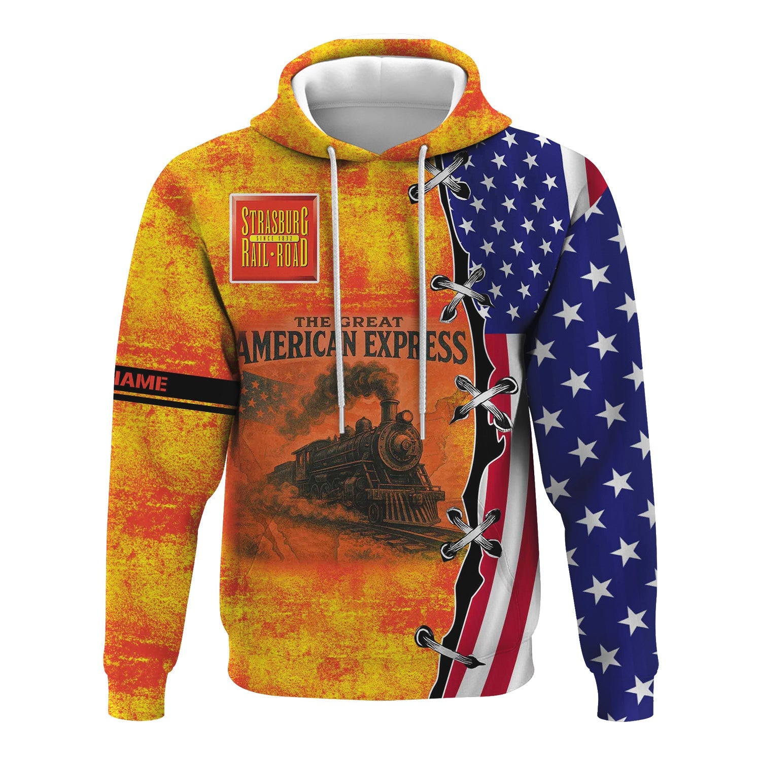 Railspirit Personalized Strasburg Railroad Hoodie Retro American Express Train With USA Flag Zip Up Hoodie