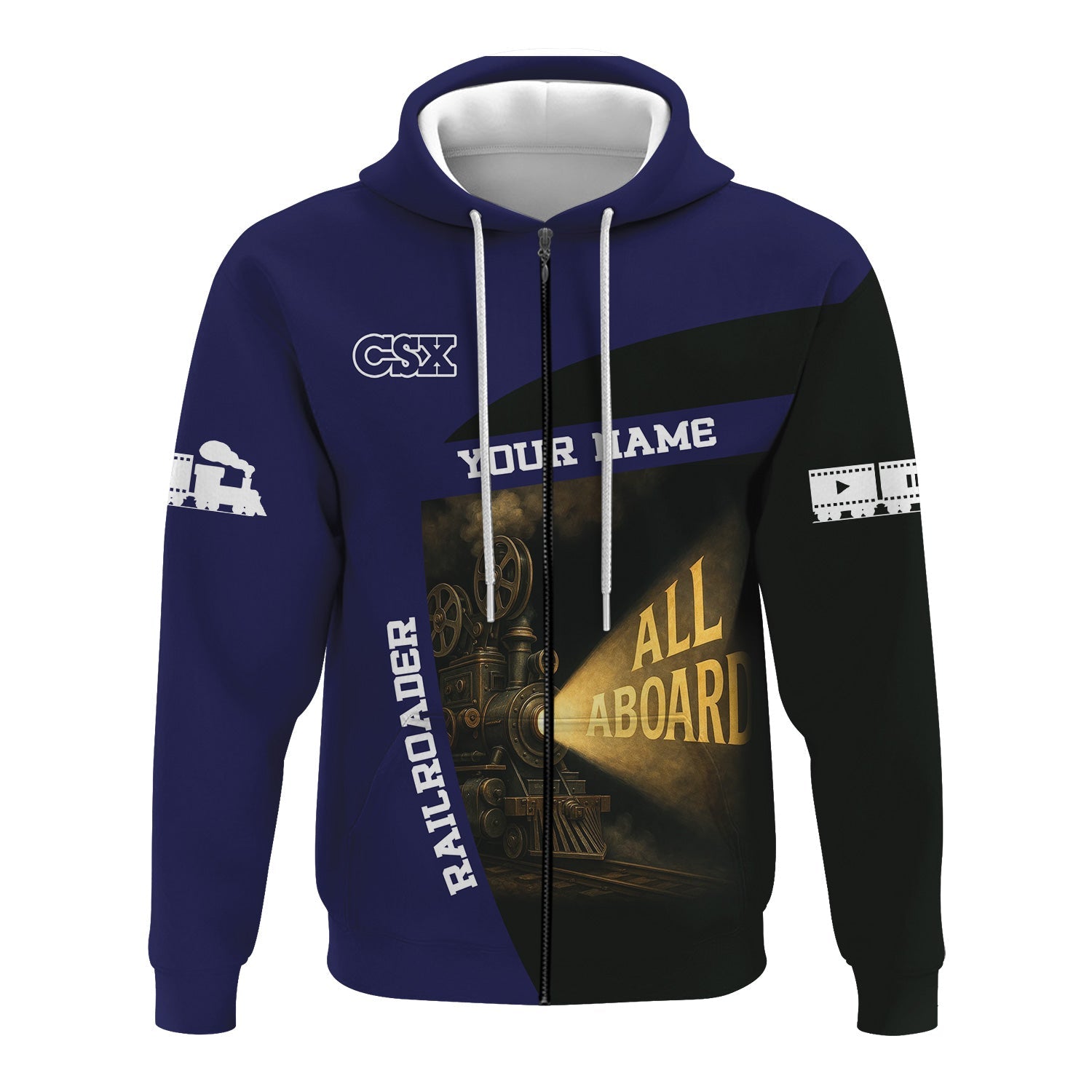 Railspirit Personalized CSX Transportation Railroad Hoodie All Aboard Steam Train Movie Projector Style Zip Up Hoodie