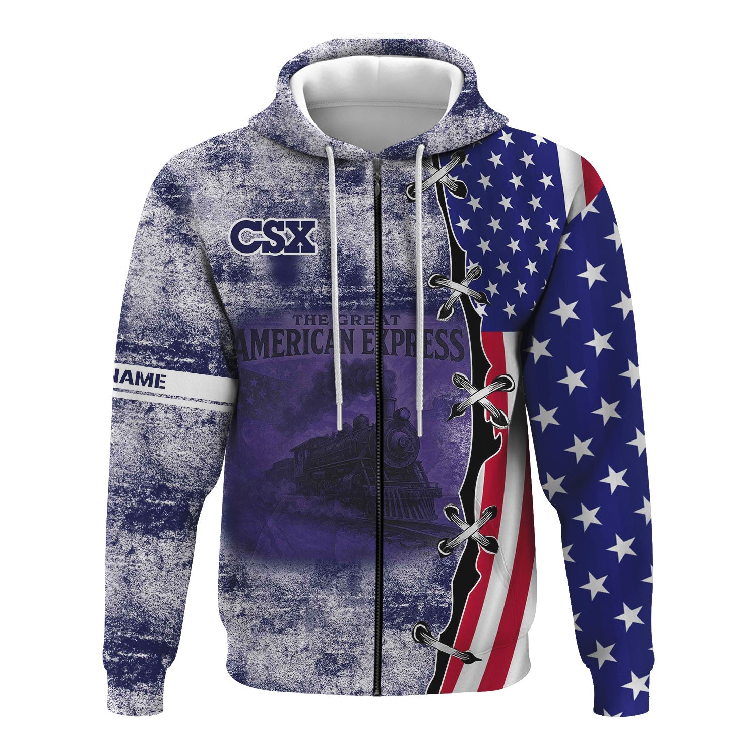 Railspirit Personalized CSX Transportation Railroad Hoodie Retro American Express Train With USA Flag Zip Up Hoodie
