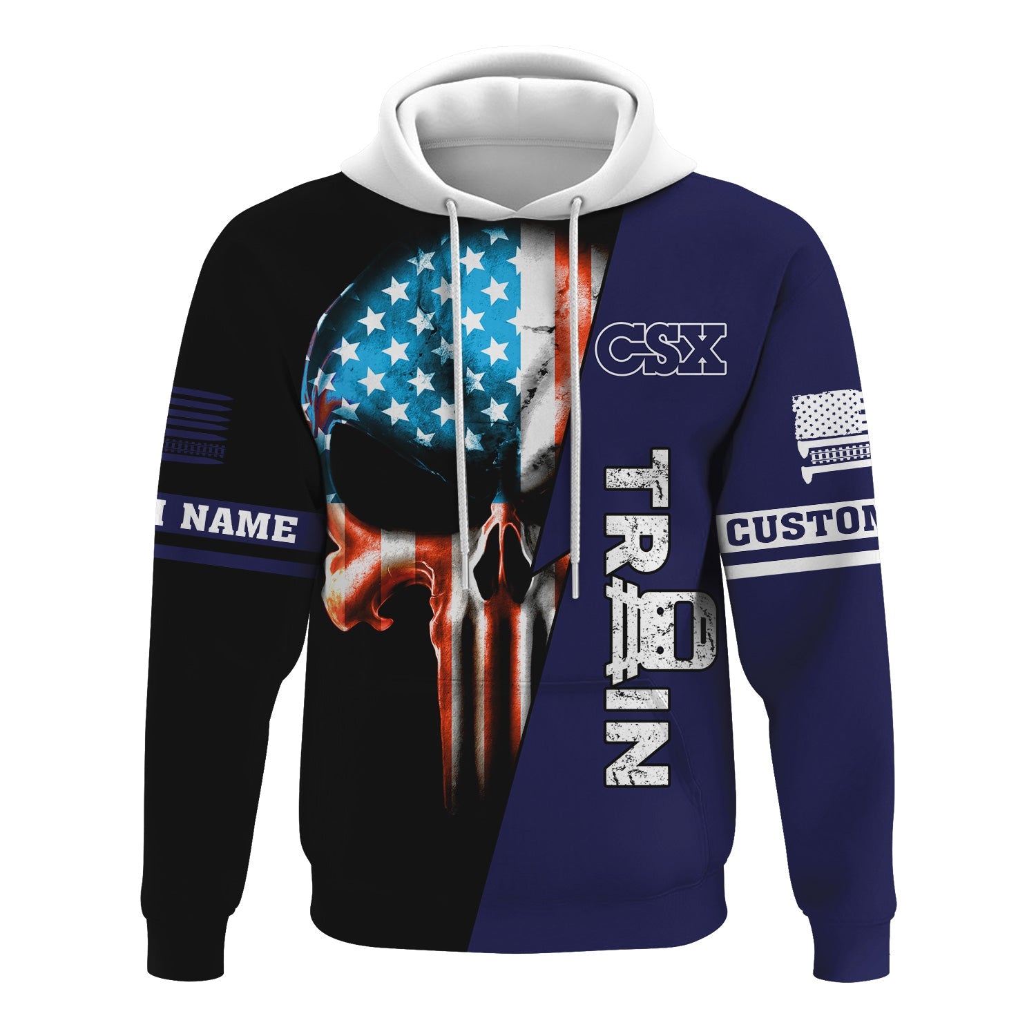 Railspirit Personalized CSX Transportation Railroad Hoodie Train Skull American Flag Zip Up Hoodie All Over Print