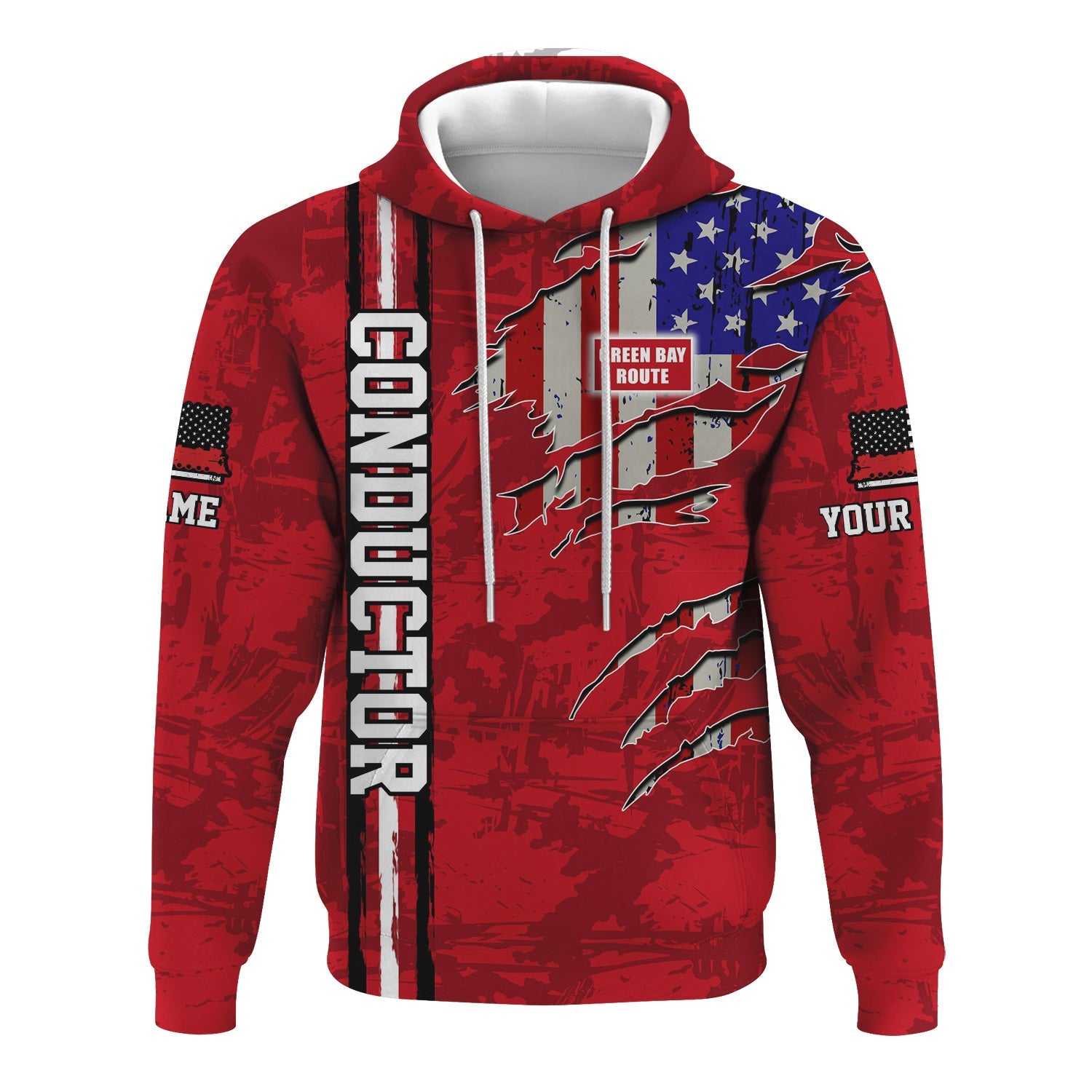Railspirit Personalized Green Bay & Western Railroad Hoodie USA Flag Claw Art with Custom Job Train Zip Up Hoodie