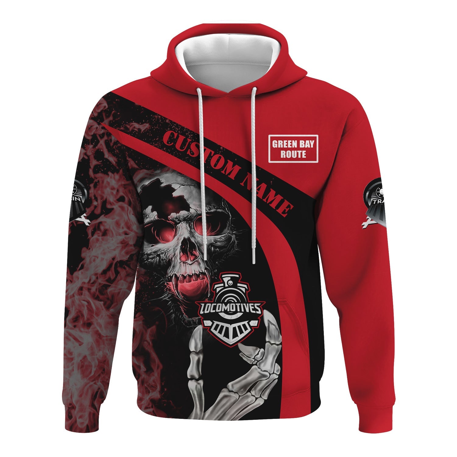 Railspirit Personalized Green Bay & Western Railroad Hoodie Flame Skull Design Train Zip Up Hoodie for Locomotive Fans