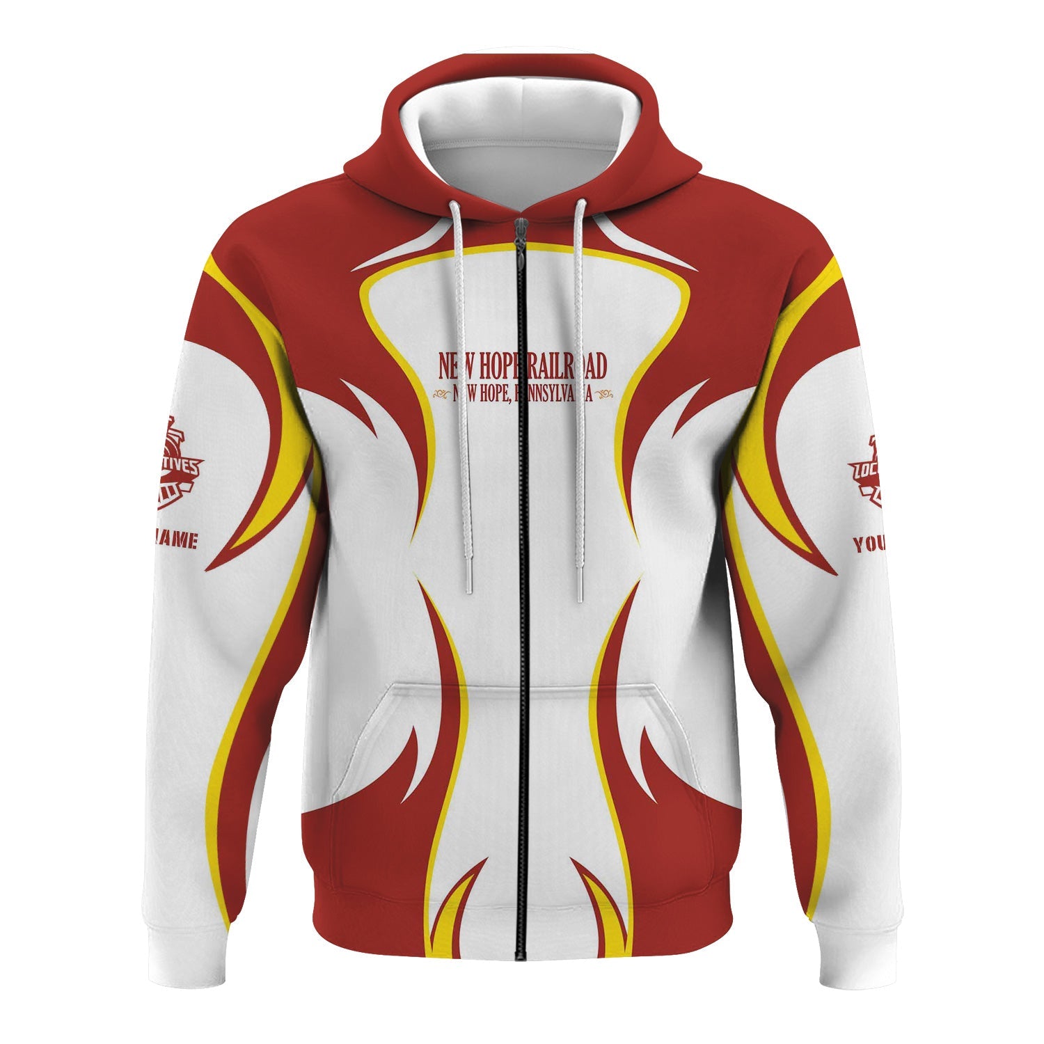 Railspirit Personalized New Hope Railroad Hoodie Distinctive Flame Style Zip Up Hoodie For Steam Engine Addict