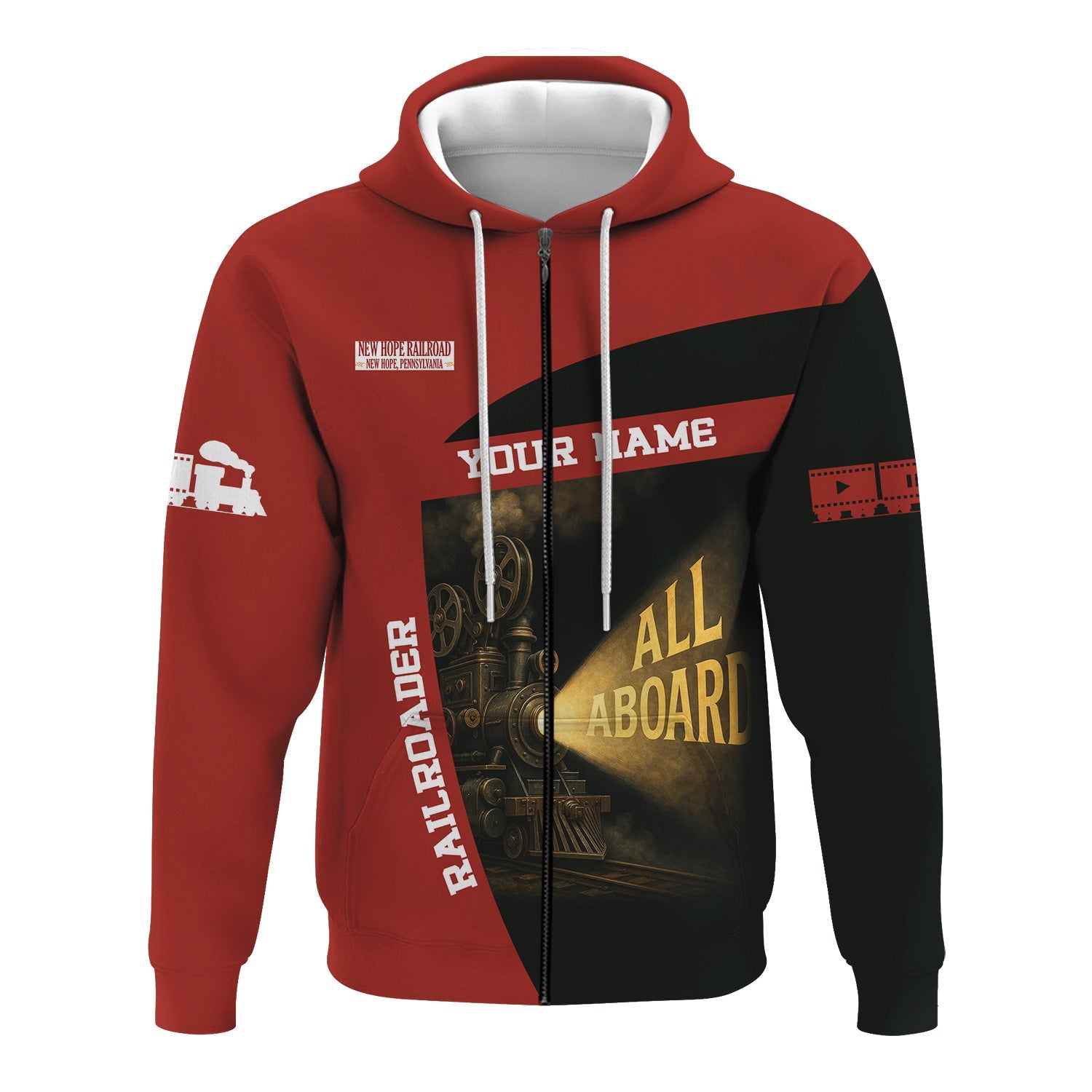 Railspirit Personalized New Hope Railroad Hoodie All Aboard Steam Train Movie Projector Style Zip Up Hoodie