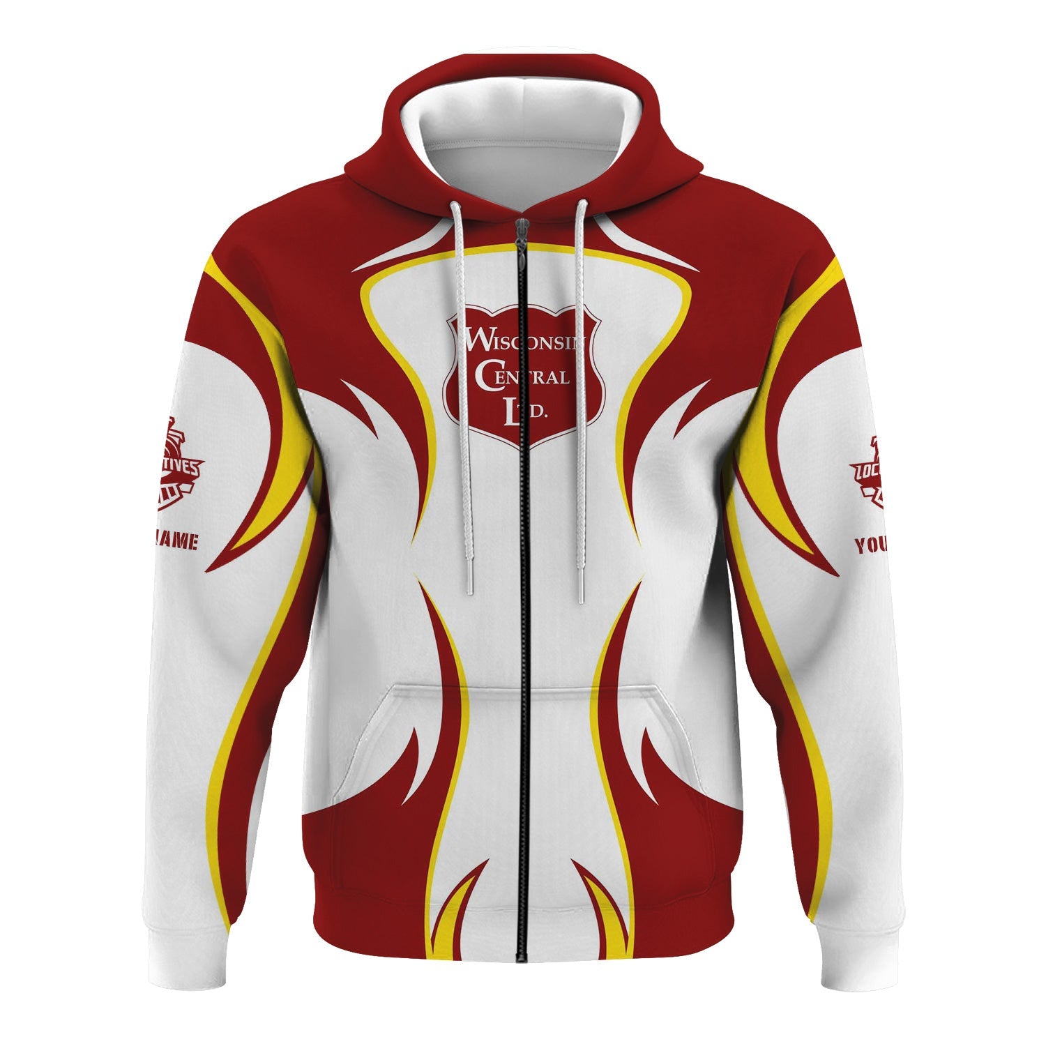 Railspirit Personalized Wisconsin Central Ltd Railroad Hoodie Distinctive Flame Style Zip Up Hoodie For Steam Engine Addict