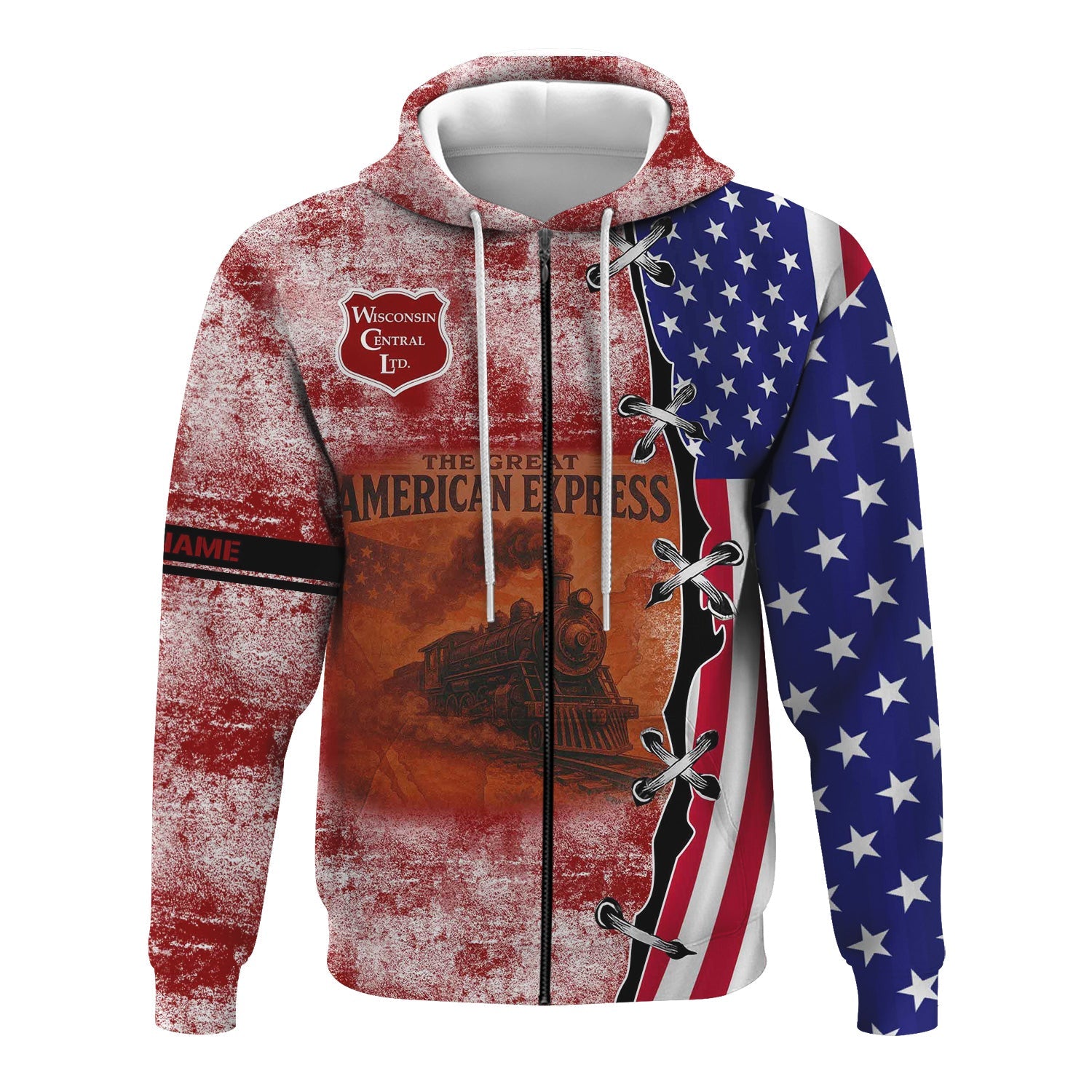 Railspirit Personalized Wisconsin Central Ltd Railroad Hoodie Retro American Express Train With USA Flag Zip Up Hoodie