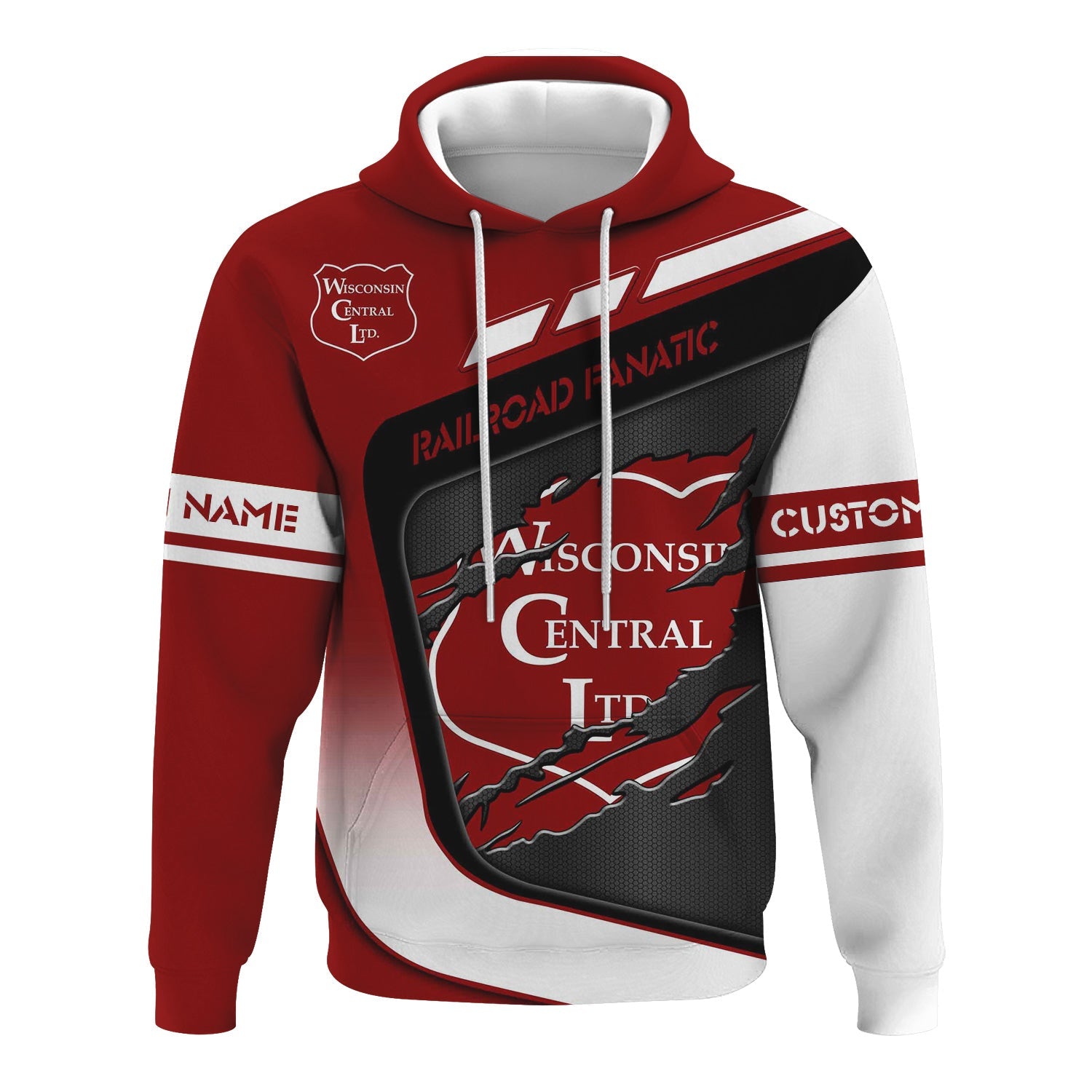 Railspirit Personalized Wisconsin Central Ltd Railroad Hoodie Ripped Texture Style Train Zip Up Hoodie For Railroad Fanatic