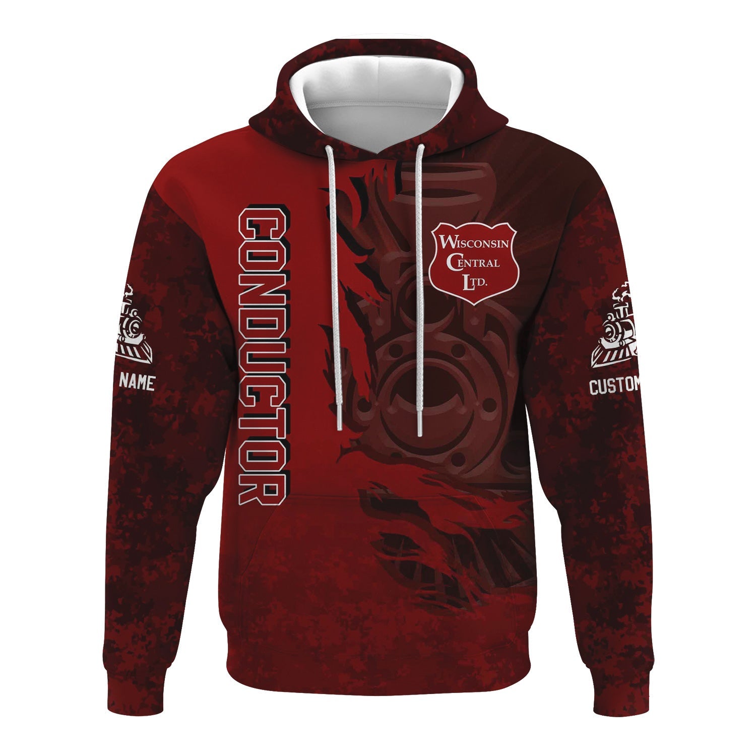 Railspirit Personalized Wisconsin Central Ltd Railroad Hoodie Blazing Style with Custom Position Train Zip Up Hoodie