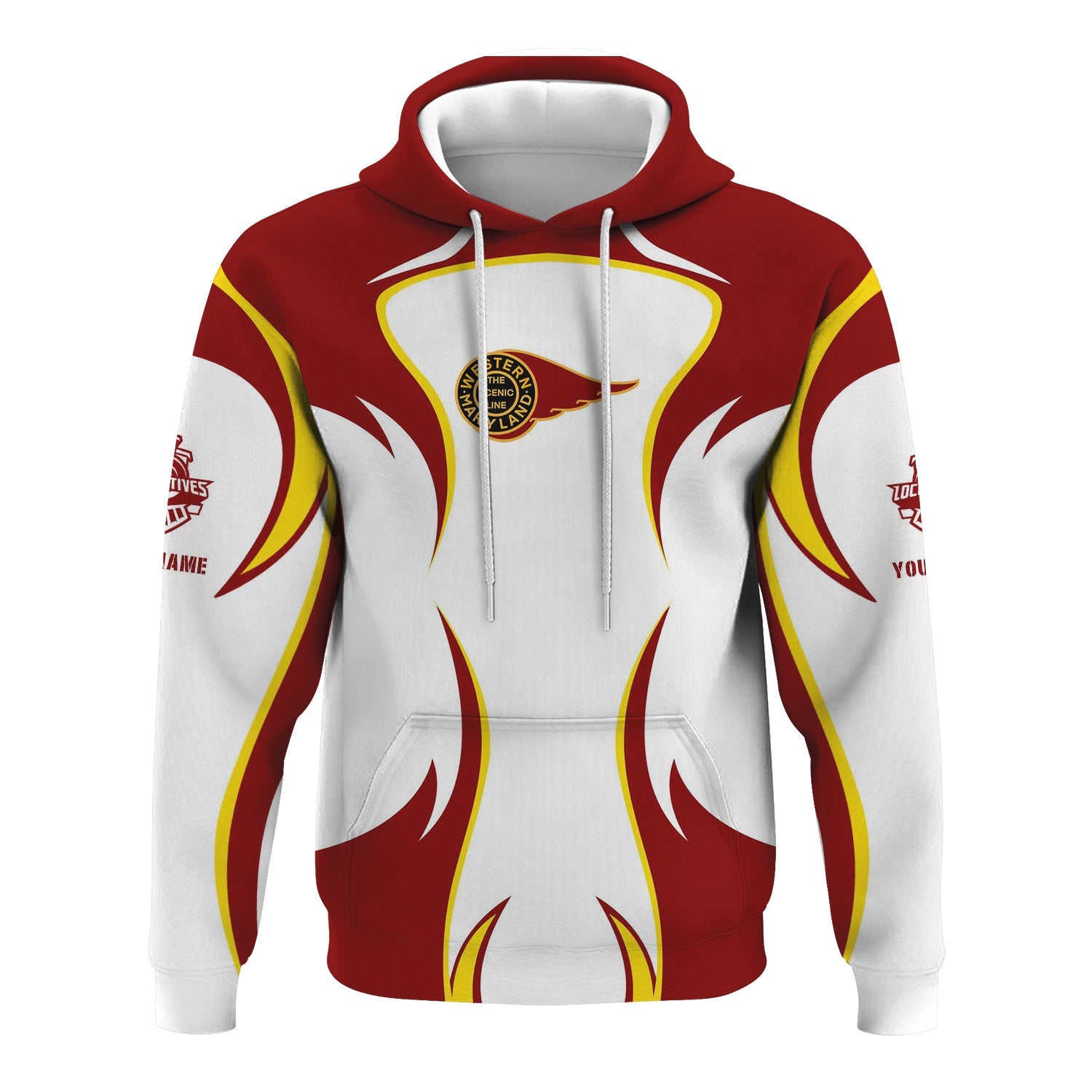 Railspirit Personalized Western Maryland Railway Hoodie Distinctive Flame Style Zip Up Hoodie For Steam Engine Addict