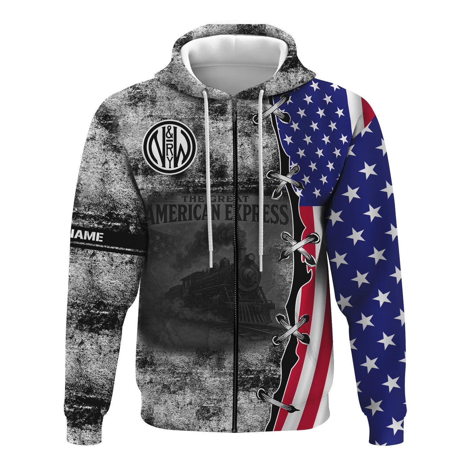 Railspirit Personalized Norfolk and Western Railway Hoodie Retro American Express Train With USA Flag N&W Zip Up Hoodie
