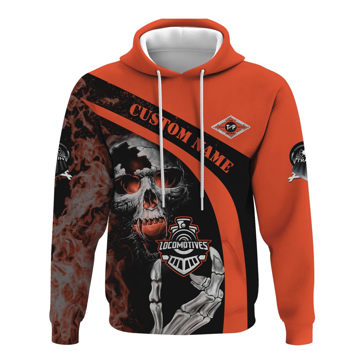 Railspirit Personalized Texas and Pacific Railway Hoodie Flame Skull Design Train Zip Up Hoodie for Locomotive Fans