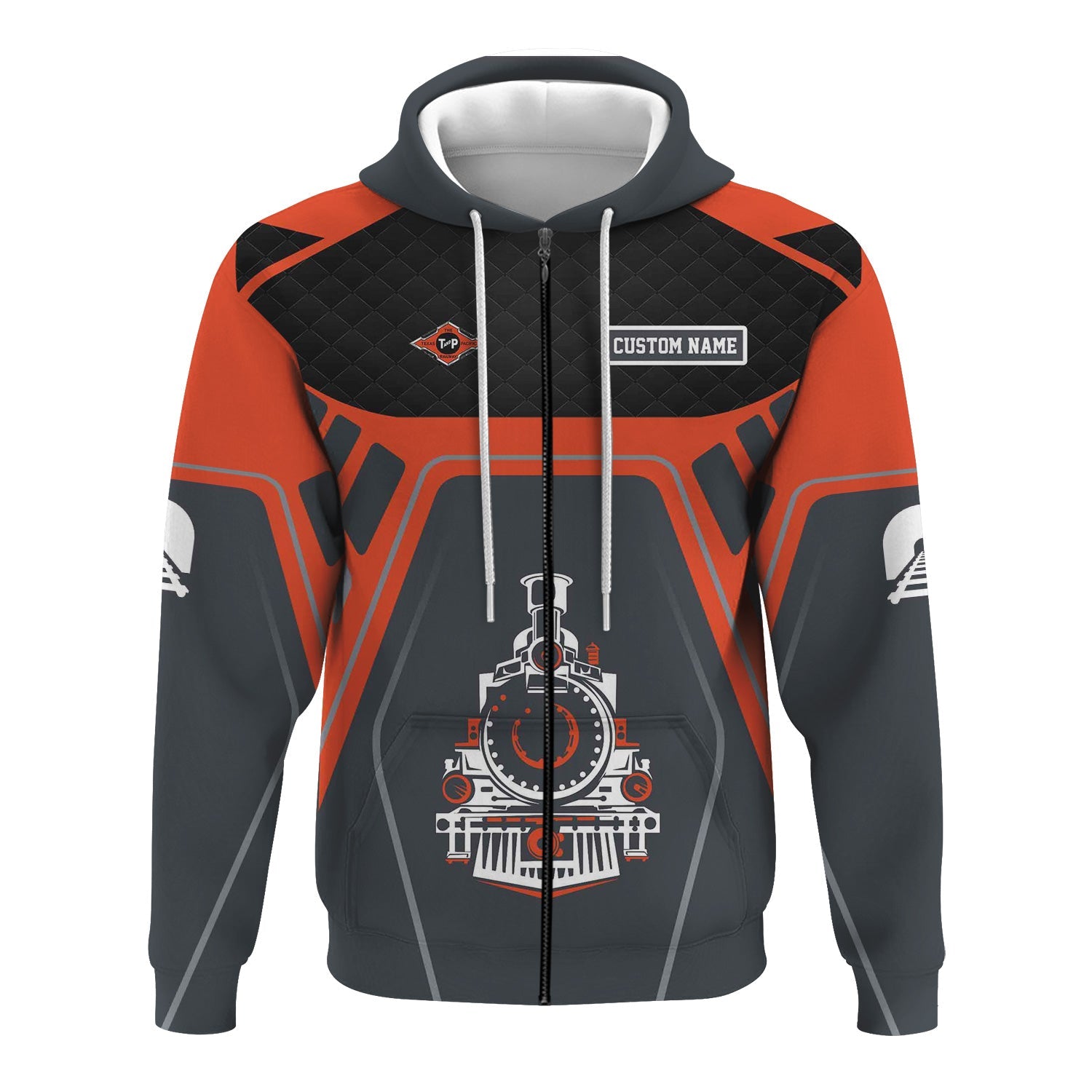 Railspirit Personalized Texas and Pacific Railway Hoodie Steam Locomotive Engine Graphic Train Zip Up Hoodie All Over Print