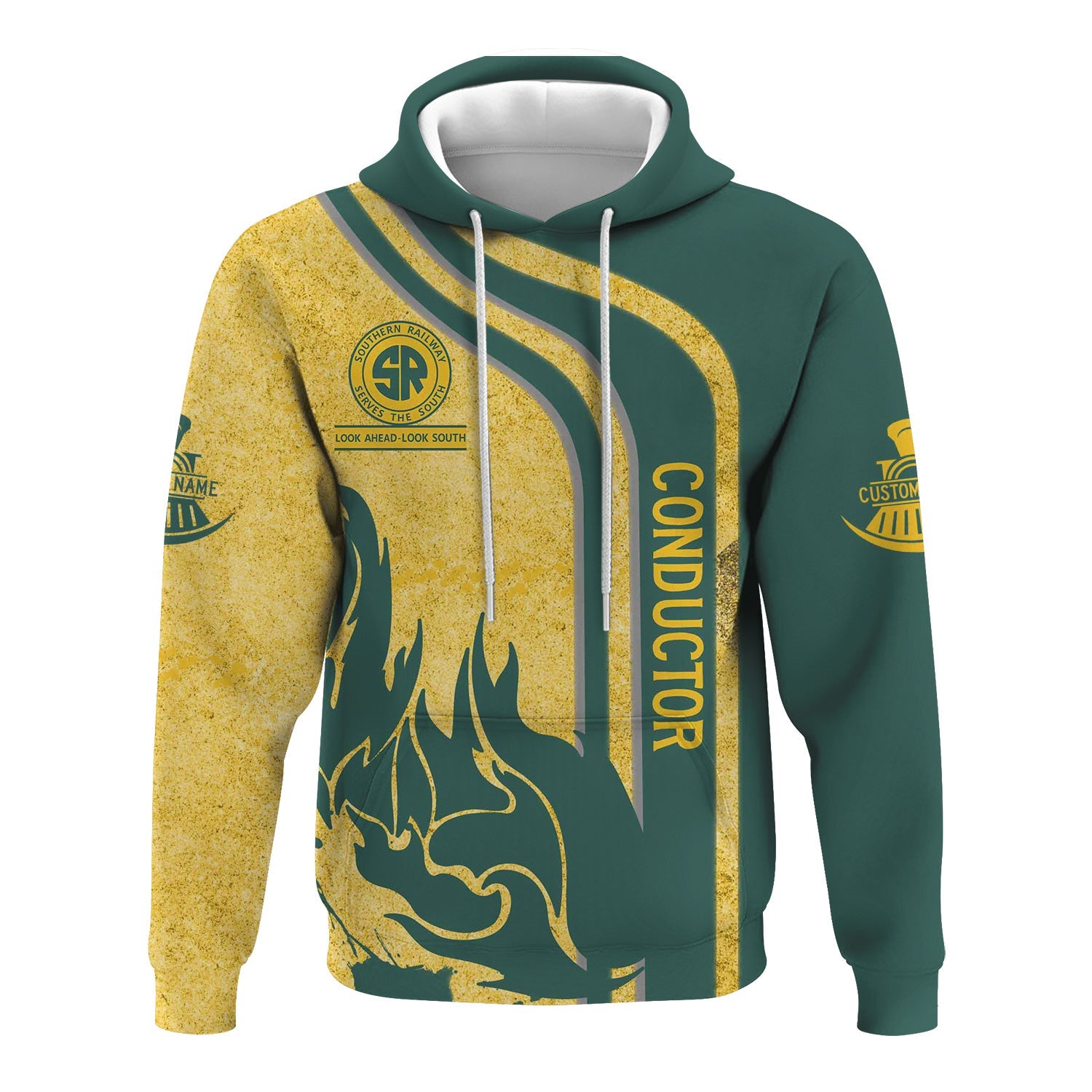 Railspirit Personalized Southern Railway U.S Hoodie Flame Design with Custom Job Position SOU Train Zip Up Hoodie