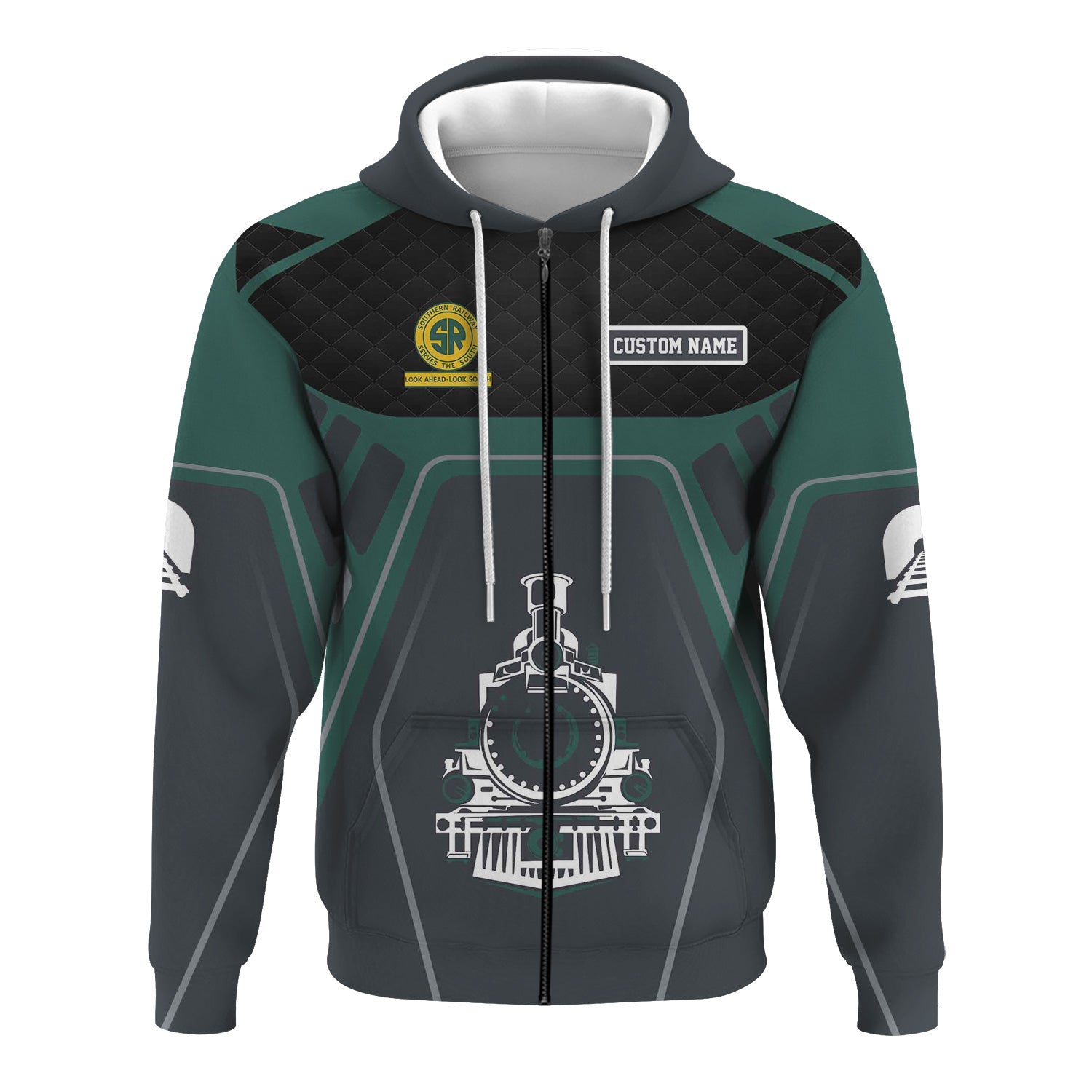 Railspirit Personalized Southern Railway U.S Hoodie Steam Locomotive Engine Graphic SOU Train Zip Up Hoodie All Over Print