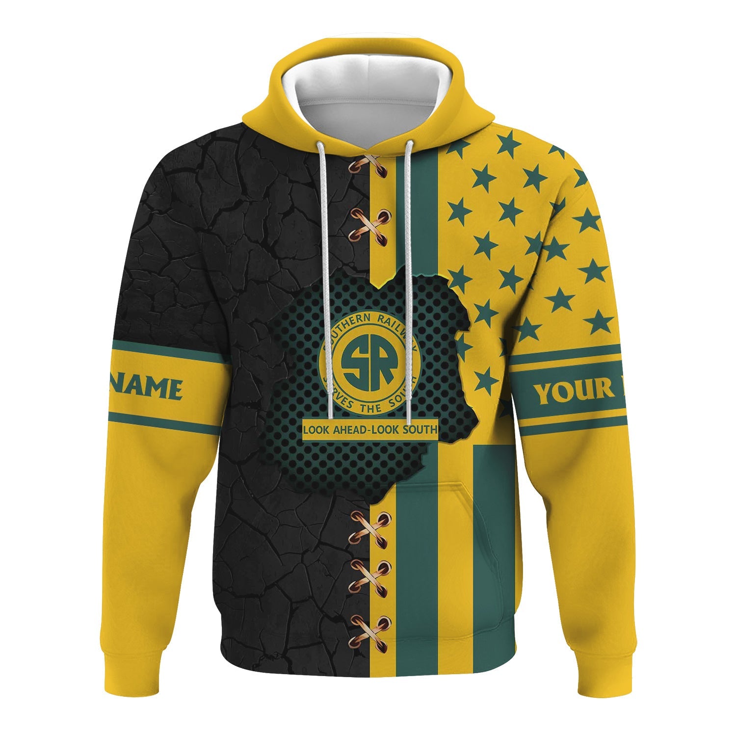 Railspirit Personalized Southern Railway U.S Hoodie American Flag with Crack Effect SOU Train Zip Up Hoodie