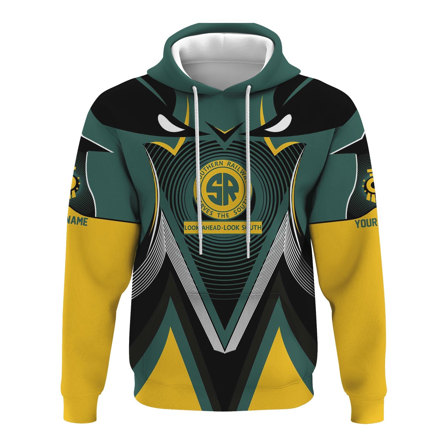 Railspirit Personalized Southern Railway U.S Hoodie Vibrant Graphic Pattern SOU Zip Up Hoodie For Train Enthusiasts