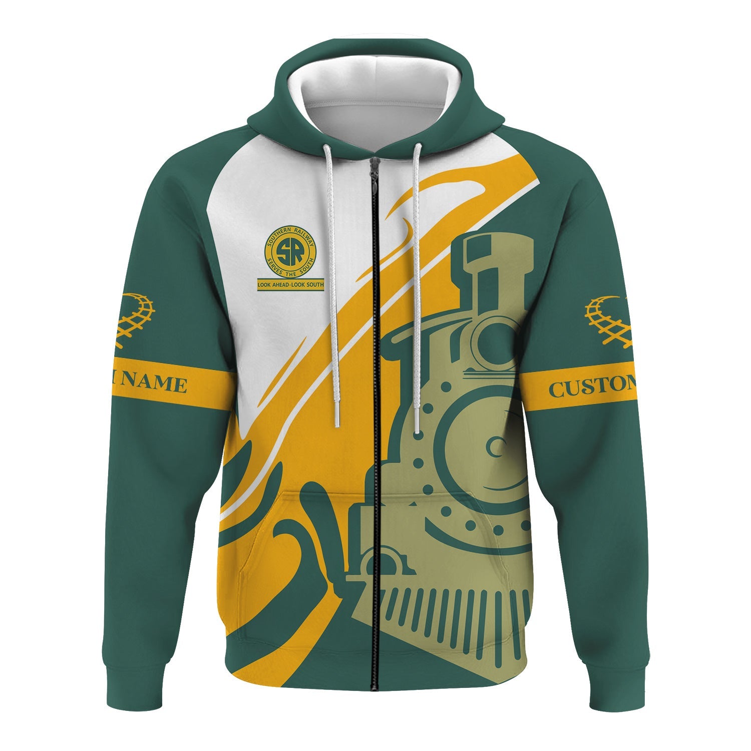 Railspirit Personalized Southern Railway U.S Hoodie Flame-Inspired Style SOU Zip Up Hoodie Gift Idea For Train Lovers