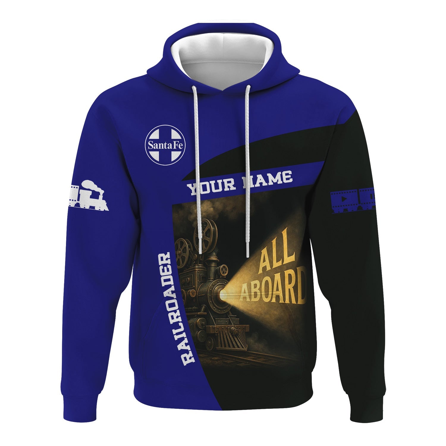 Railspirit Personalized Santa Fe Railway Hoodie All Aboard Steam Train Movie Projector Style Atchison, Topeka and Santa Fe Railway Zip Up Hoodie