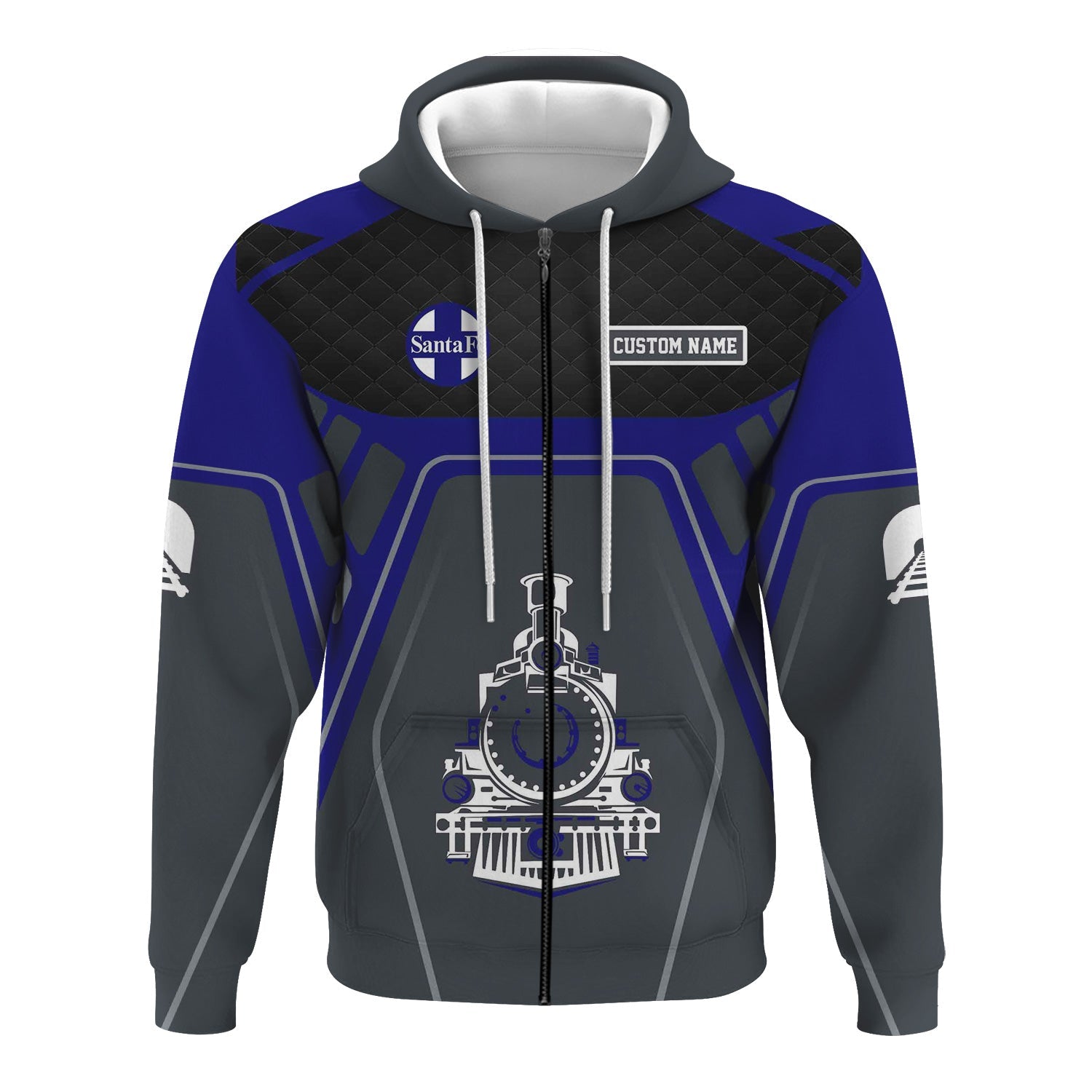 Railspirit Personalized Santa Fe ATSF Railway Hoodie Steam Locomotive Engine Graphic Atchison, Topeka and Santa Fe Train Zip Up Hoodie All Over Print