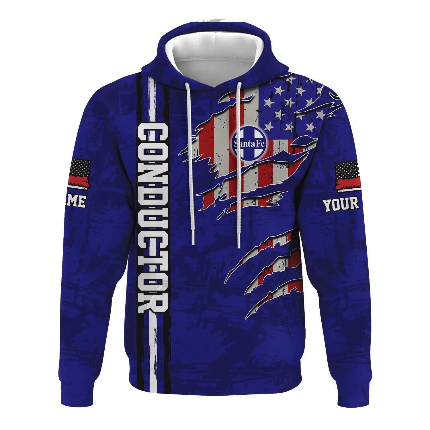 Railspirit Personalized Santa Fe ATSF Railway Hoodie USA Flag Claw Art with Custom Job Atchison, Topeka and Santa Fe Train Zip Up Hoodie