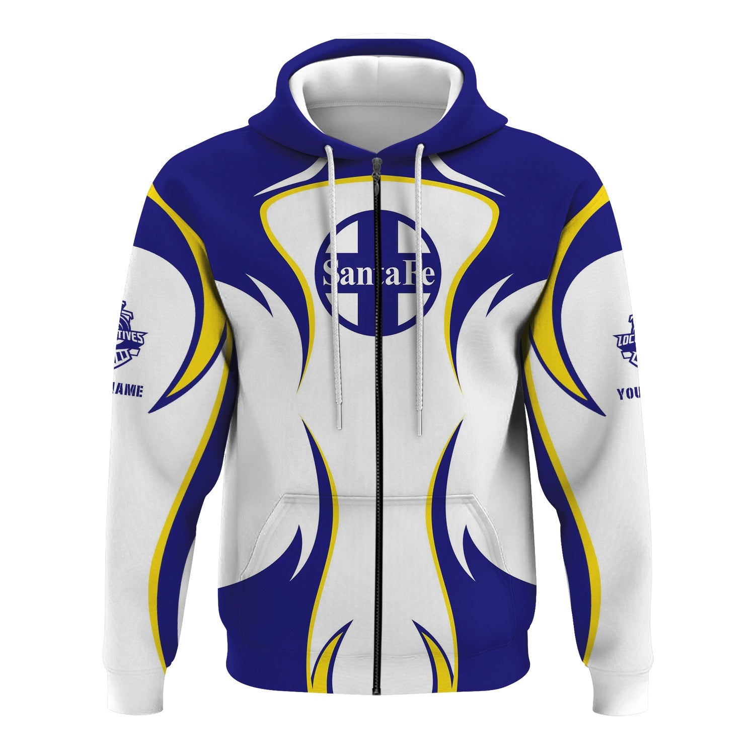 Railspirit Personalized Santa Fe Railway Hoodie Distinctive Flame Style Atchison, Topeka and Santa Fe Railway Zip Up Hoodie For Steam Engine Addict