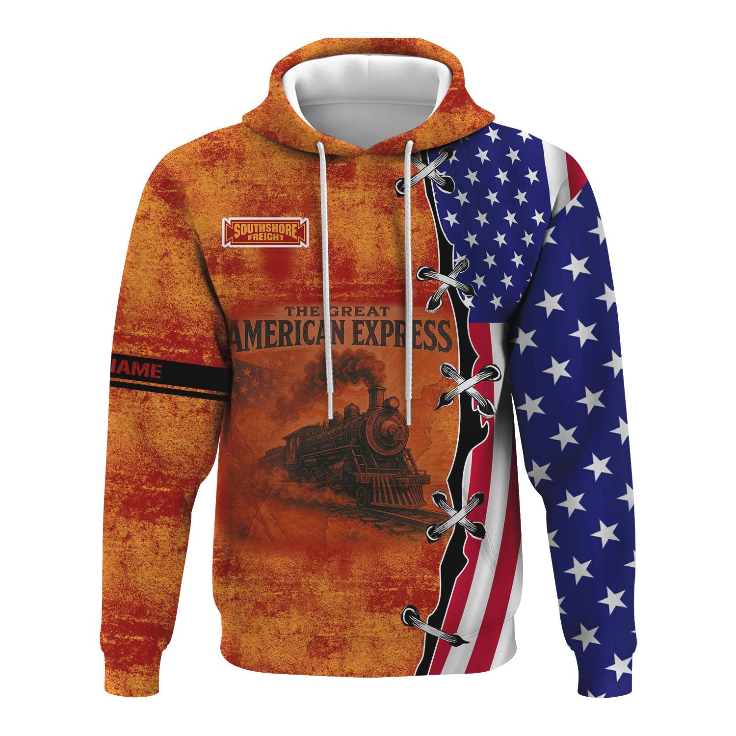 Railspirit Personalized Chicago South Shore and South Bend Railroad Hoodie Retro American Express Train With USA Flag Zip Up Hoodie