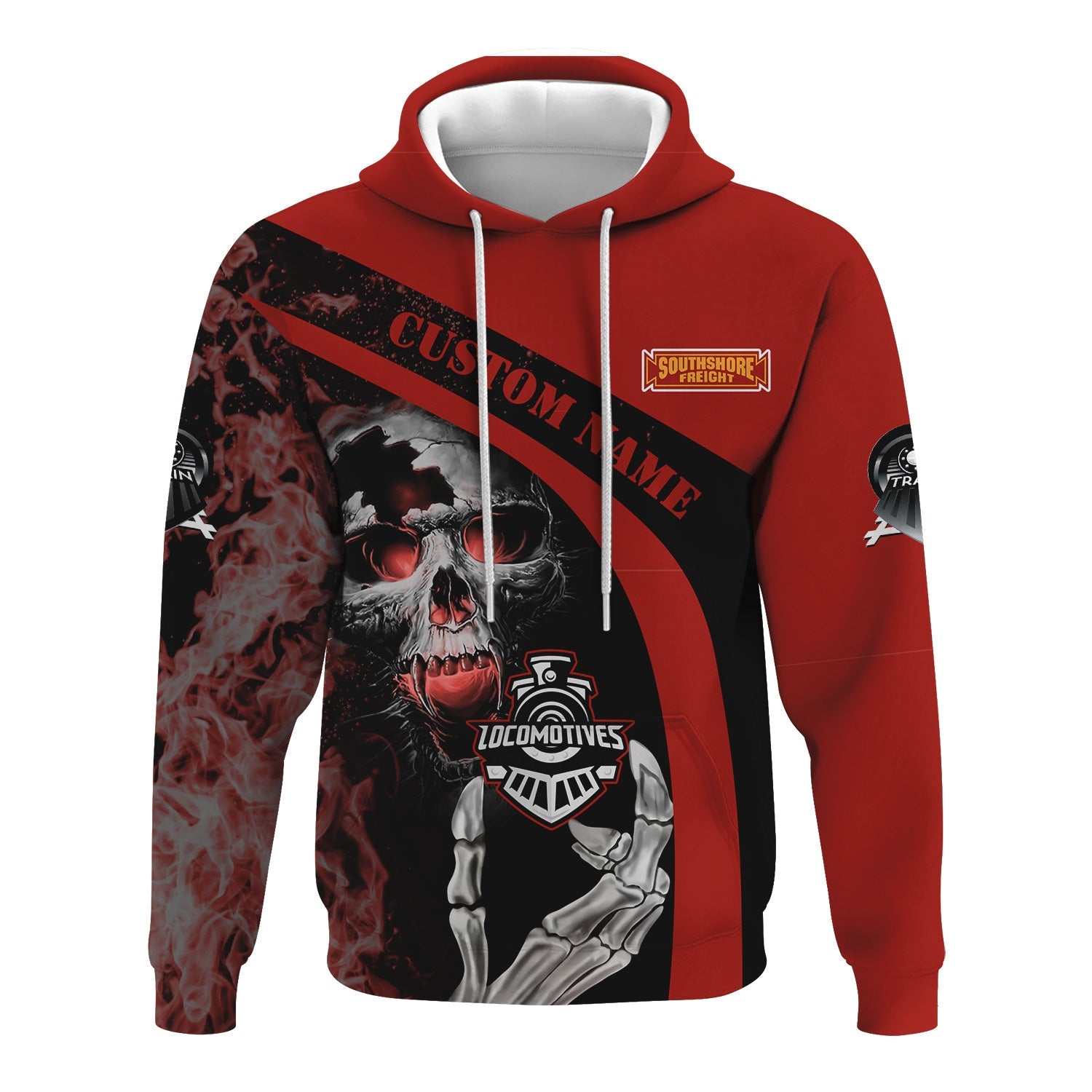 Railspirit Personalized Chicago South Shore and South Bend Railroad Hoodie Flame Skull Design Train Zip Up Hoodie for Locomotive Fans