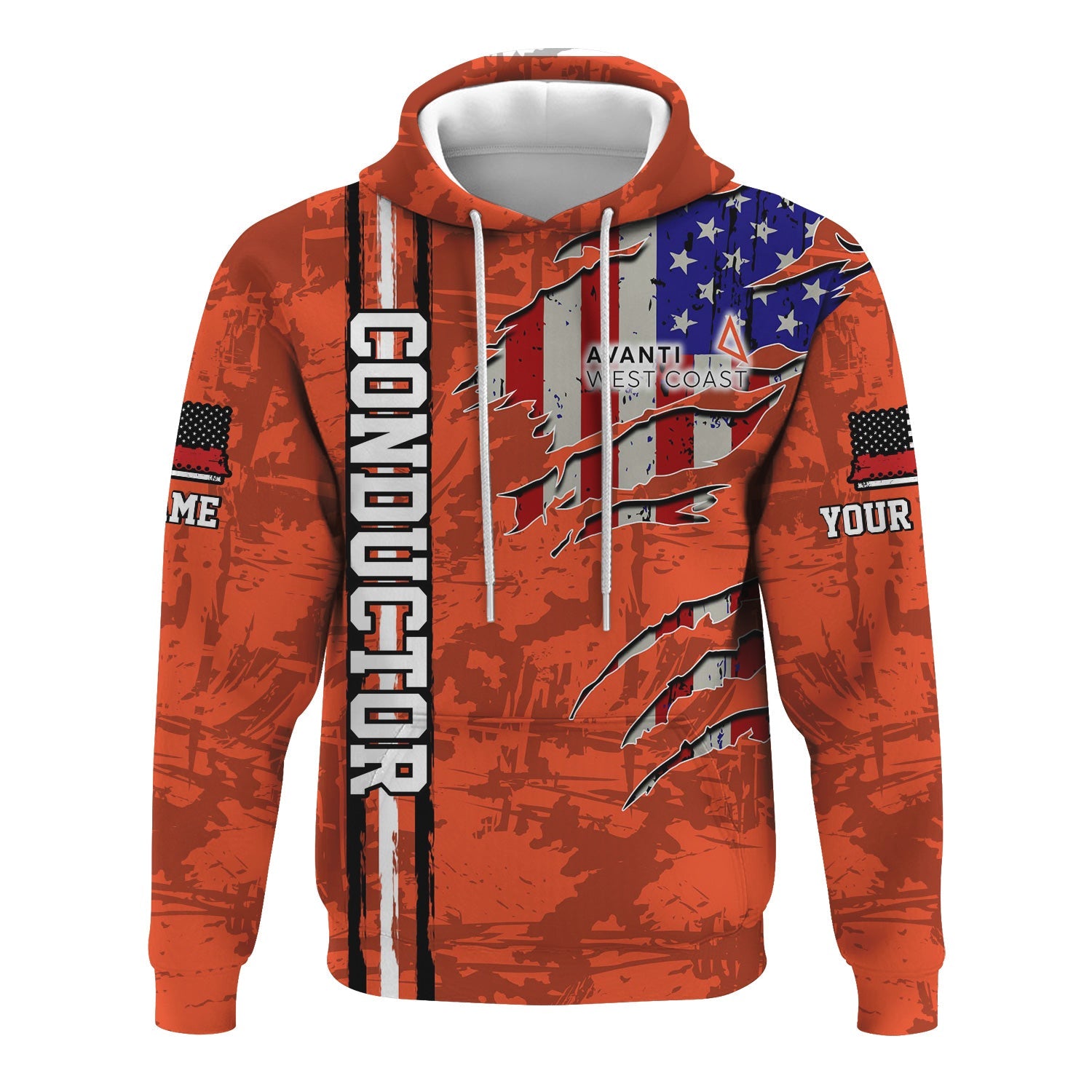 Railspirit Personalized Avanti West Coast Hoodie USA Flag Claw Art with Custom Job Train Zip Up Hoodie
