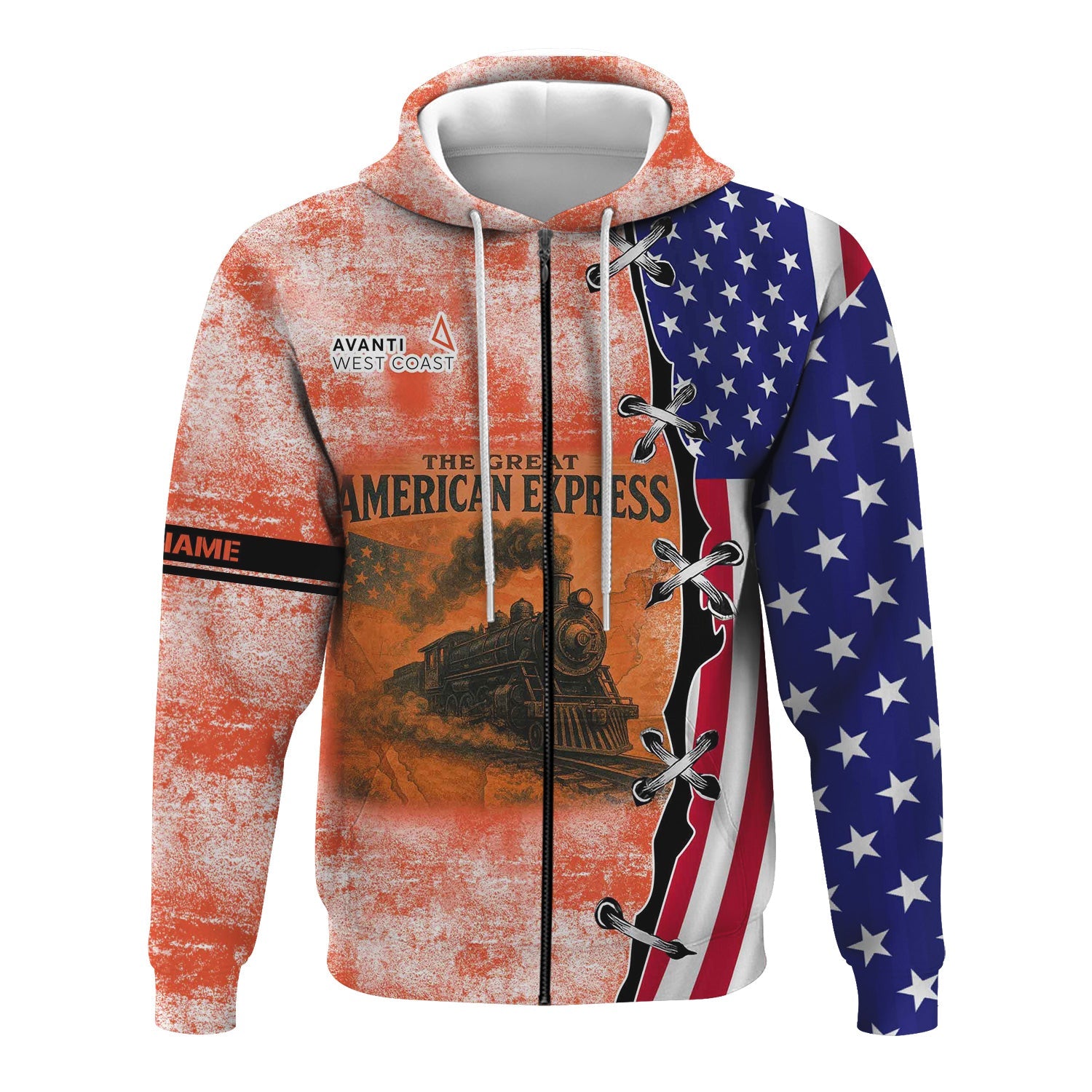 Railspirit Personalized Avanti West Coast Hoodie Retro American Express Train With USA Flag Zip Up Hoodie
