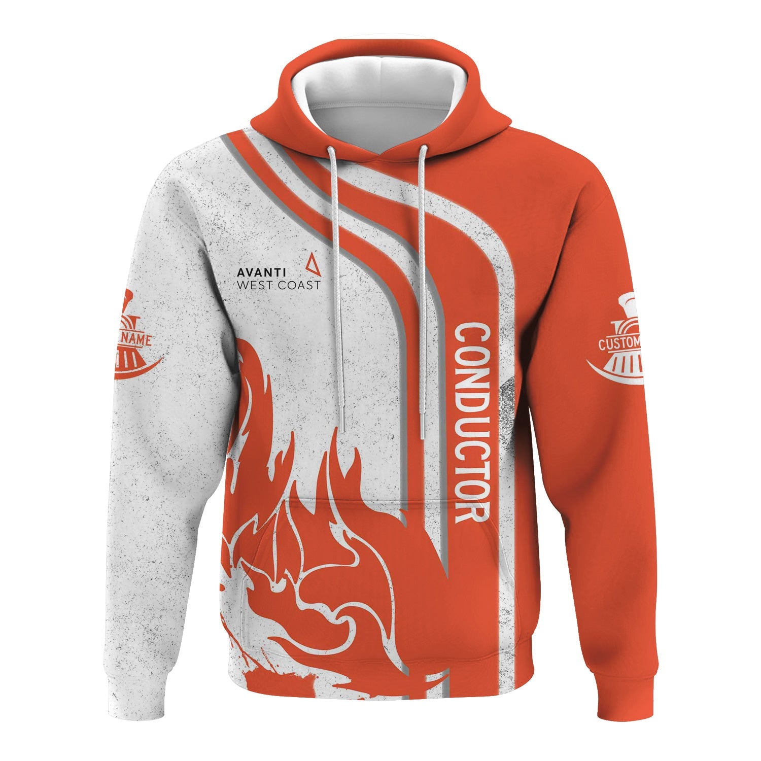 Railspirit Personalized Avanti West Coast Hoodie Flame Design with Custom Job Position Train Zip Up Hoodie