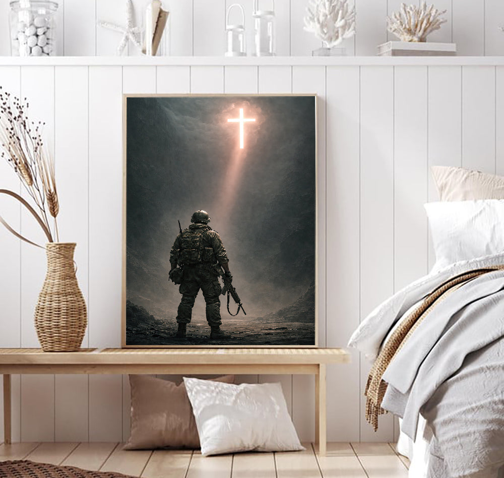 Christian Soldier Wall Art Canvas, Military Faith Artwork with Glowing Cross Light, Warrior Standing in Dark Battlefield, Christian Gift for Men