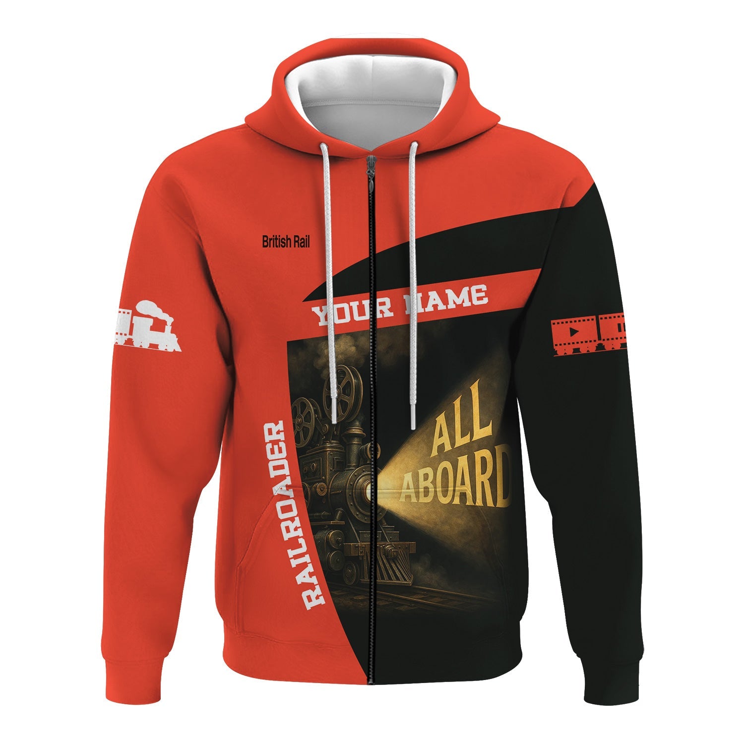 Railspirit Personalized British Railway Hoodie All Aboard Steam Train Movie Projector Style Zip Up Hoodie