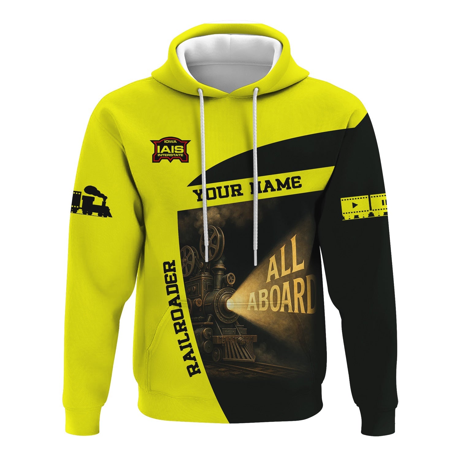 Railspirit Personalized Iowa Interstate Railroad Hoodie All Aboard Steam Train Movie Projector Style IAIS Zip Up Hoodie