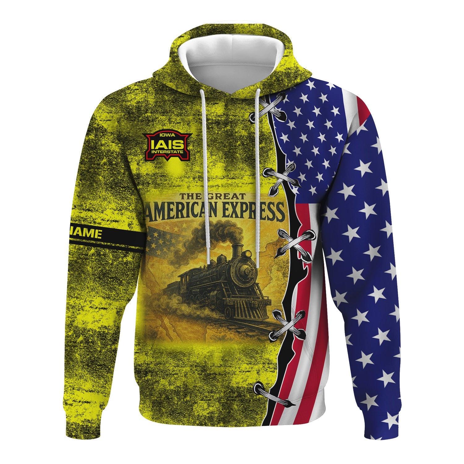 Railspirit Personalized Iowa Interstate Railroad Hoodie Retro American Express Train With USA Flag IAIS Zip Up Hoodie