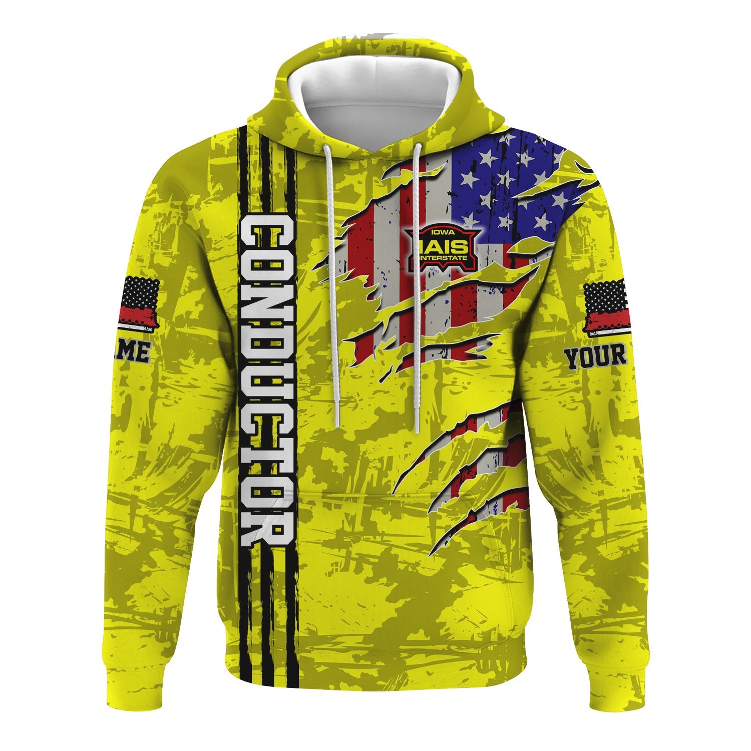 Railspirit Personalized Iowa Interstate Railroad Hoodie USA Flag Claw Art with Custom Job IAIS Train Zip Up Hoodie